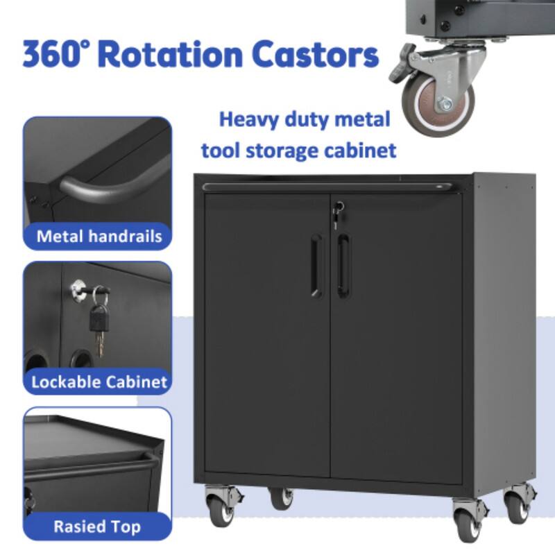 360° Rotation Castors  
Heavy duty metal tool storage cabinet  
Metal handrails  
Lockable Cabinet  
Rasied Top