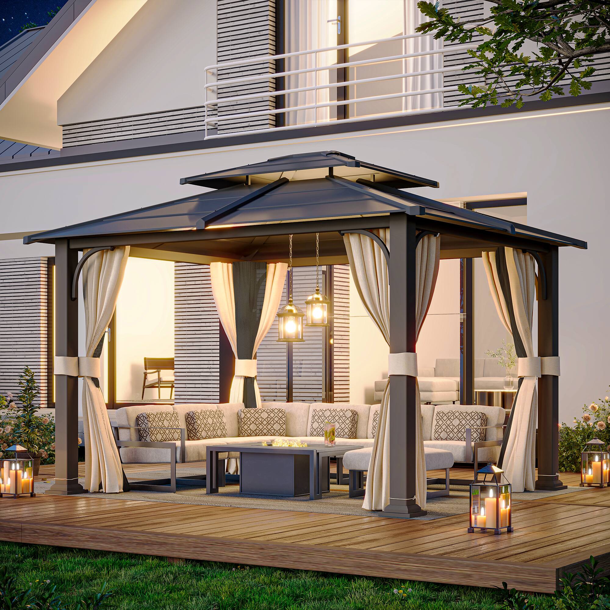 Angle. U-HOMY - Anti-Rust Iron Hardtop Gazebo | All-Weather Enclosed Sun Shelter - 10' x 12'.