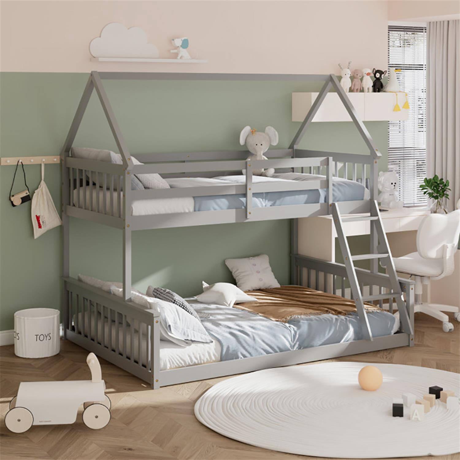 Alt View 2. Pefilos - Twin Over Full Bunk Bed with Ladder and Guardrails, House Twin Bunk Beds, Bed Frame - Gray.