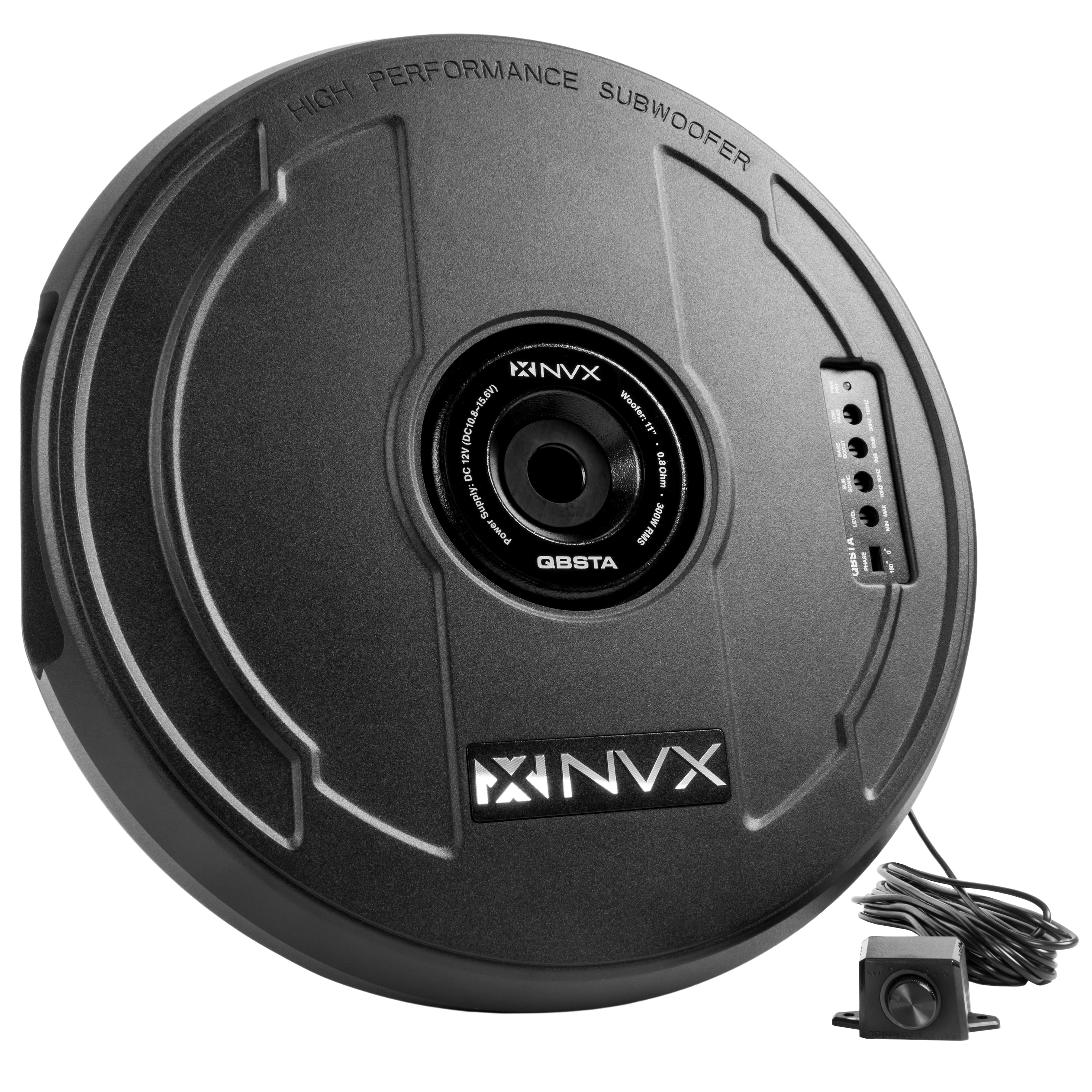 NVX - QBSTA 900W Max (300W RMS) 11in Powered Spare Tire Subwoofer Box with Built-in Amp and Remote Bass Knob