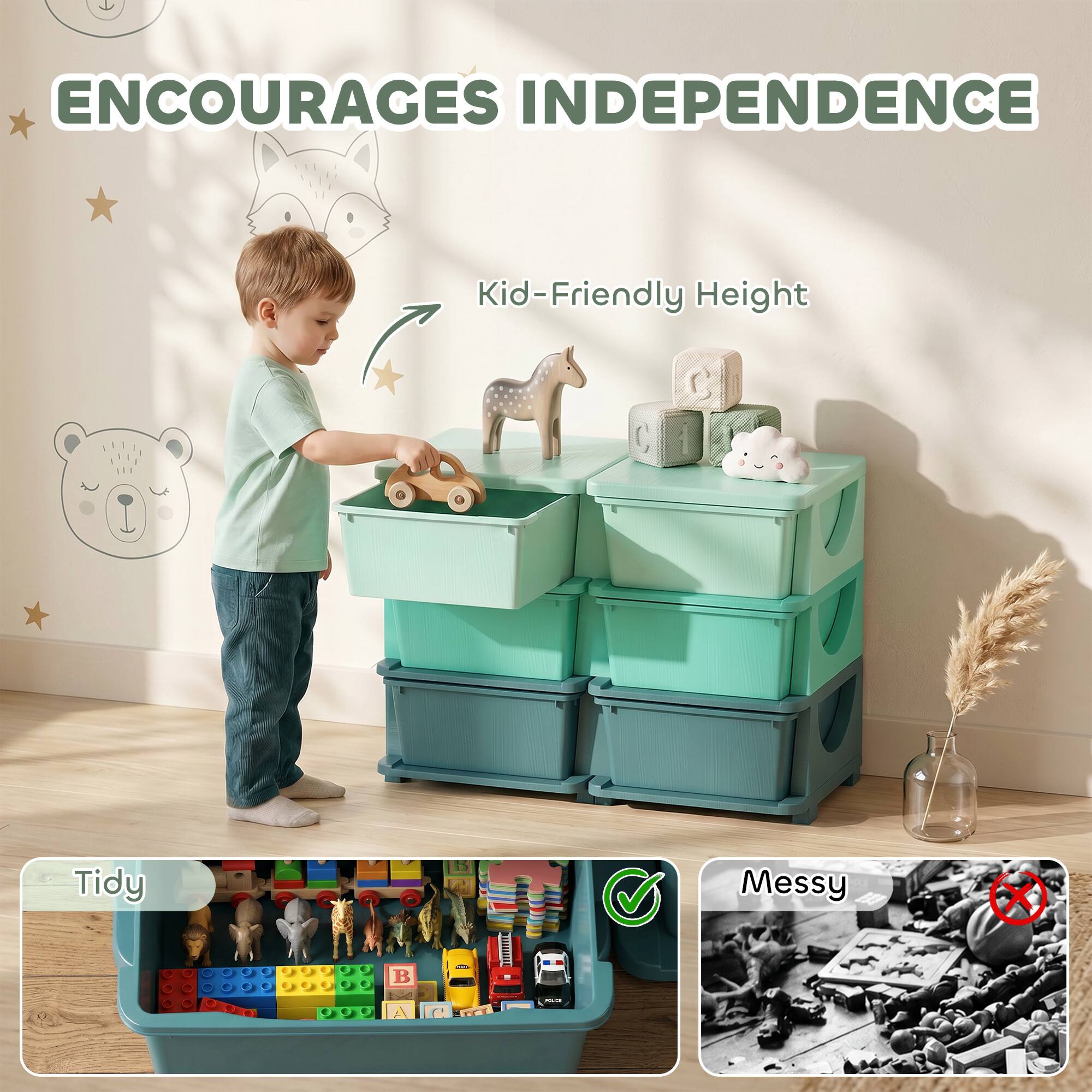 ENCOURAGES INDEPENDENCE

Kid-Friendly Height

Tidy

Messy