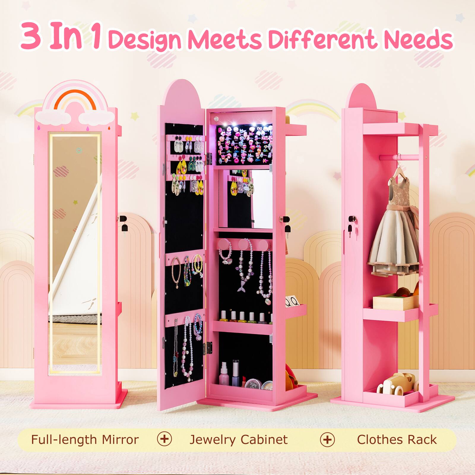 3 In 1 Design Meets Different Needs

Full-length Mirror + Jewelry Cabinet + Clothes Rack