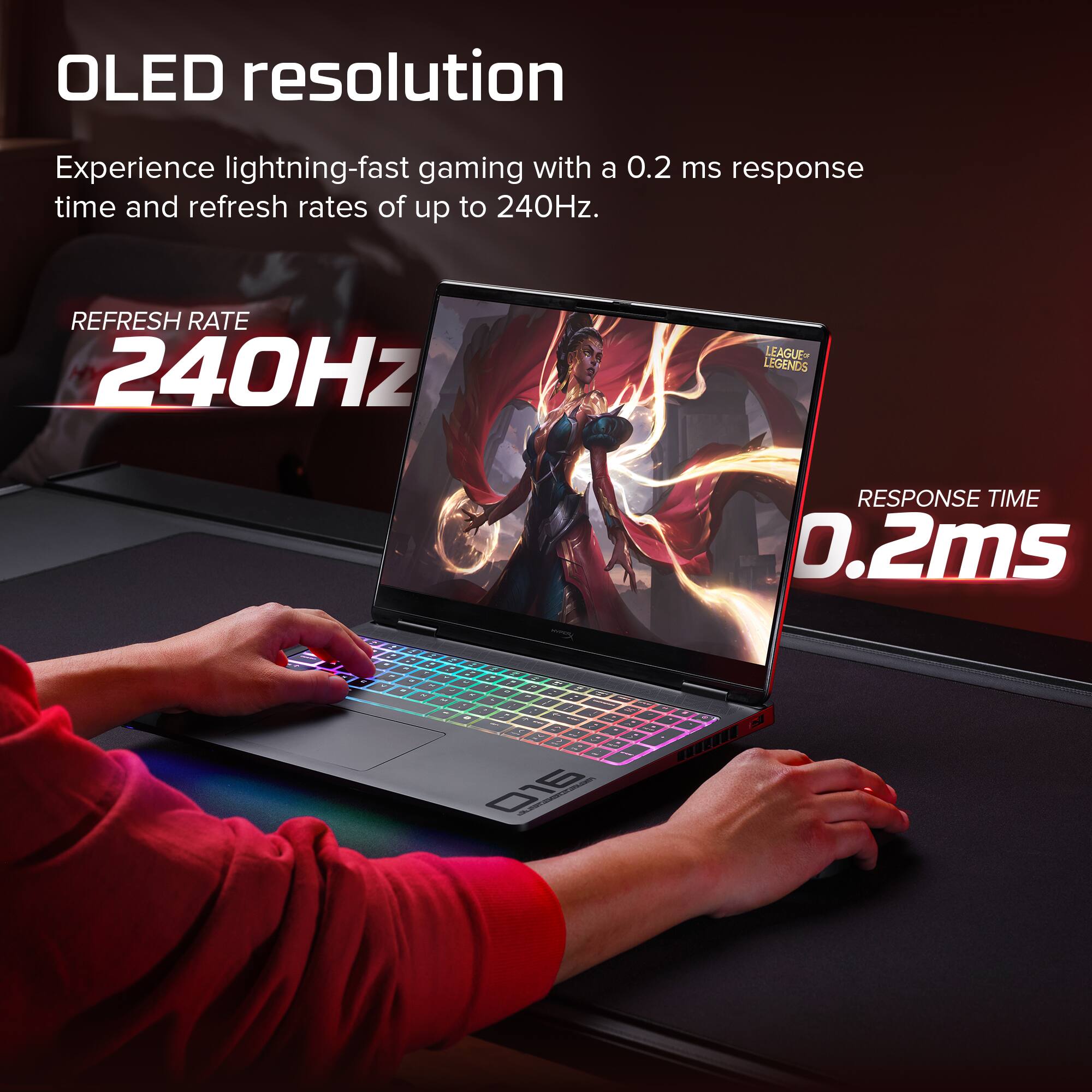 OLED resolution  
Experience lightning-fast gaming with a 0.2 ms response time and refresh rates of up to 240Hz.  

REFRESH RATE  
240Hz  

RESPONSE TIME  
0.2ms