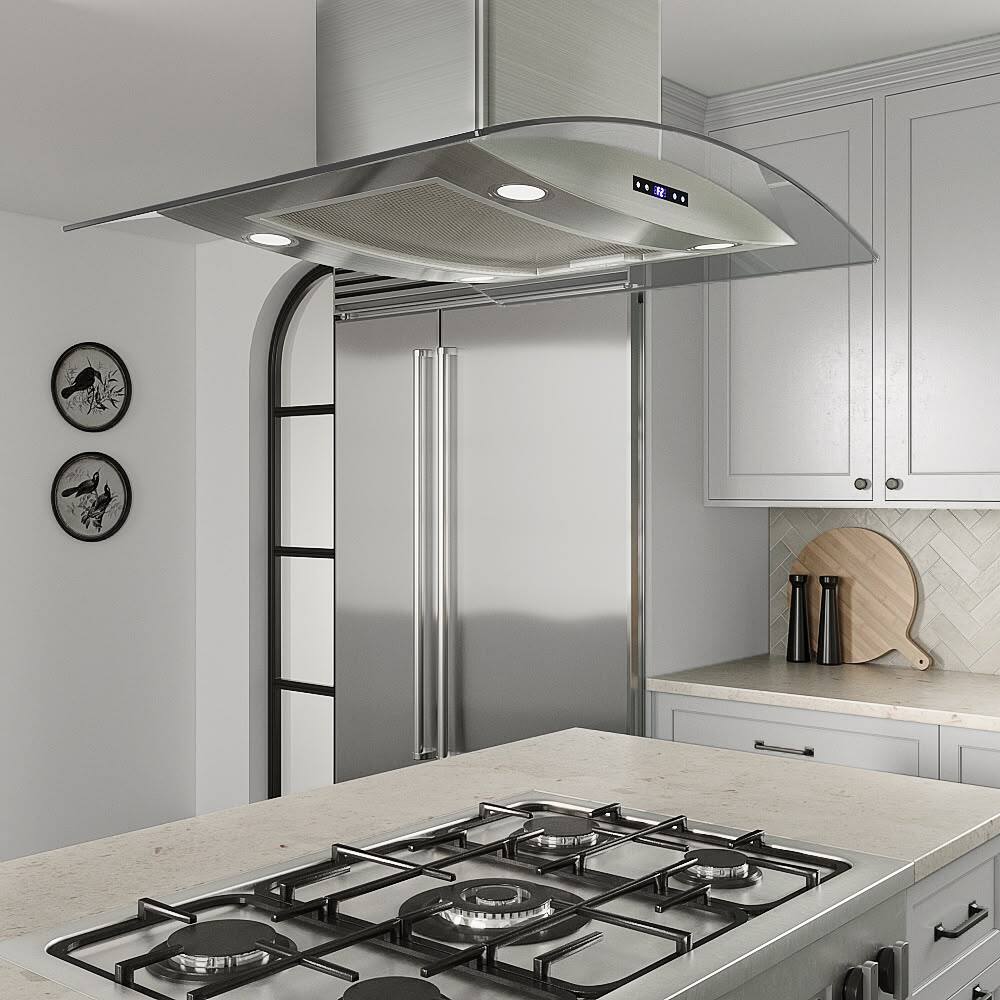 Back. Streamline - 30 in. Langosco Convertible Island 350 CFM Range Hood, Mesh Filters, Touchpad Control, LED Lights - Brushed Stainless Steel.