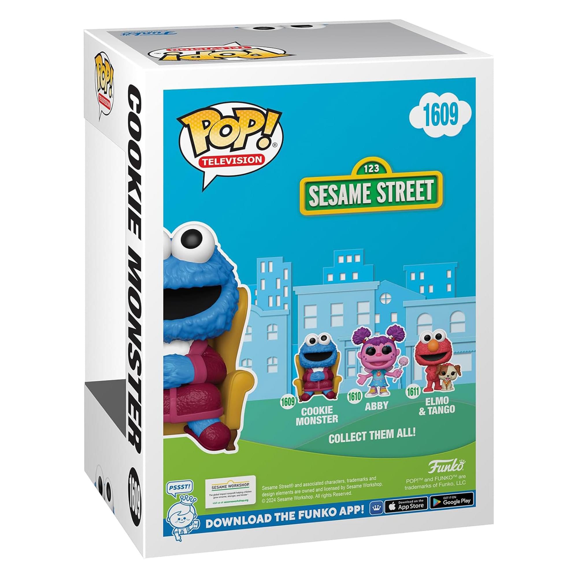 Sure, here is the corrected and grouped text from the image:

---

**Front:**
- **1609**
- **COOKIE MONSTER**
- **123 SESAME STREET**
- **TELEVISION**
- **COLLECT THEM ALL!**
- **ABBY & TANGO**
- **ELMO & TANGO**
- **Funko**
- **POP!**
- **DOWNLOAD THE FUNKO APP!**
- **App Store**
- **Google Play**

**Side:**
- **COOKIE MONSTER**

**Bottom:**
- **Funko**
- **POP! and FUNKO are characters, trademarks and works of Funko, LLC.**
- **SESAME STREET and associated characters, trademarks and design elements are owned and licensed by Sesame Workshop, Inc. All rights reserved.**
- **© 2024 Sesame Workshop. All rights reserved.**
- **© 2024 Funko, LLC. All rights reserved.**

**Top:**
- **Funko POP!**

**Bottom Left:**
- **PSSST!**
- **Sesame Street**
- **Sesame Workshop**

**Bottom Right:**
- **Funko**
-