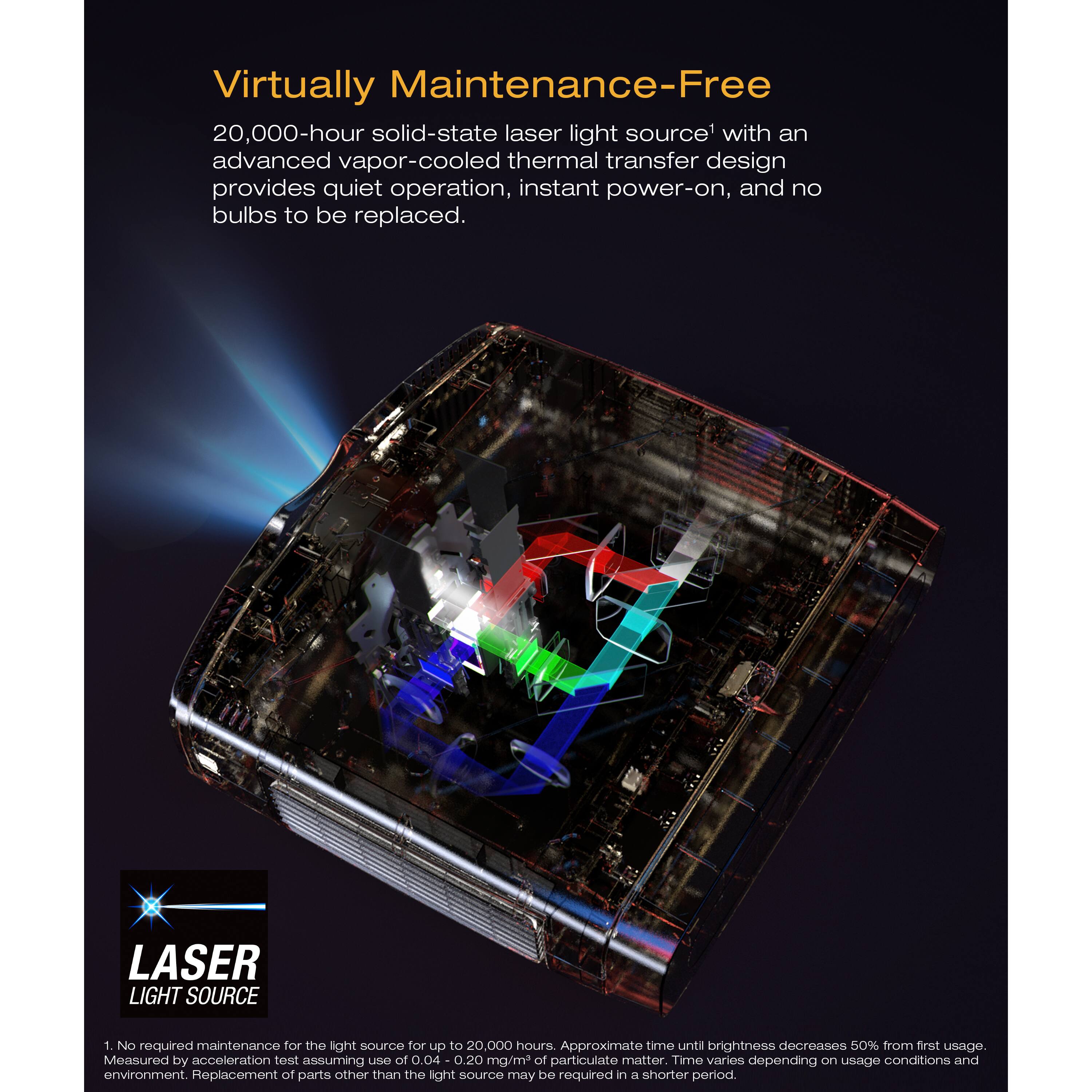 Virtually Maintenance-Free

20,000-hour solid-state laser light source with an advanced vapor-cooled thermal transfer design provides quiet operation, instant power-on, and no bulbs to be replaced.

LASER LIGHT SOURCE

1. No required maintenance for the light source for up to 20,000 hours. Approximate time until brightness decreases 50% from first usage. Measured by acceleration test assuming use of 0.04 - 0.20 mg/m³ of particulate matter. Time varies depending on usage conditions and environment. Replacement of parts other than the light source may be required in a shorter period.