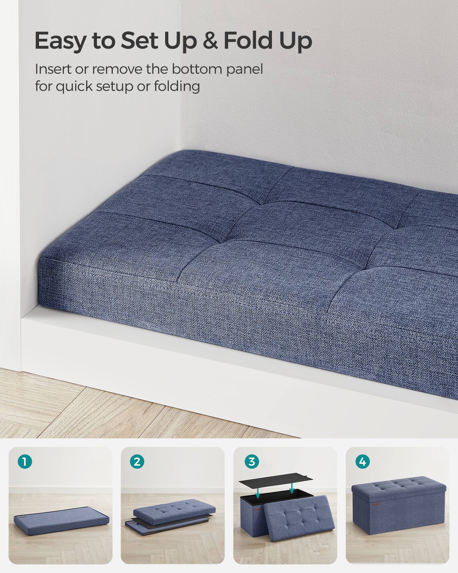 Easy to Set Up & Fold Up

Insert or remove the bottom panel for quick setup or folding

1. [Image of the bottom panel]
2. [Image of the bottom panel being inserted]
3. [Image of the bottom panel fully inserted]
4. [Image of the fully assembled sofa]