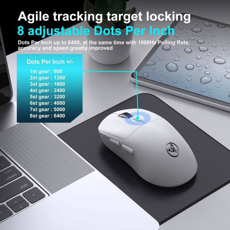 Agile tracking target locking  
8 adjustable Dots Per Inch  

Dots Per Inch up to 6400, at the same time with 1000Hz Polling Rate, accuracy and speed greatly improved  

Dots Per Inch +/-  
1st gear: 800  
2nd gear: 1200  
3rd gear: 1600  
4th gear: 2400  
5th gear: 3200  
6th gear: 4000  
7th gear: 5000  
8th gear: 6400