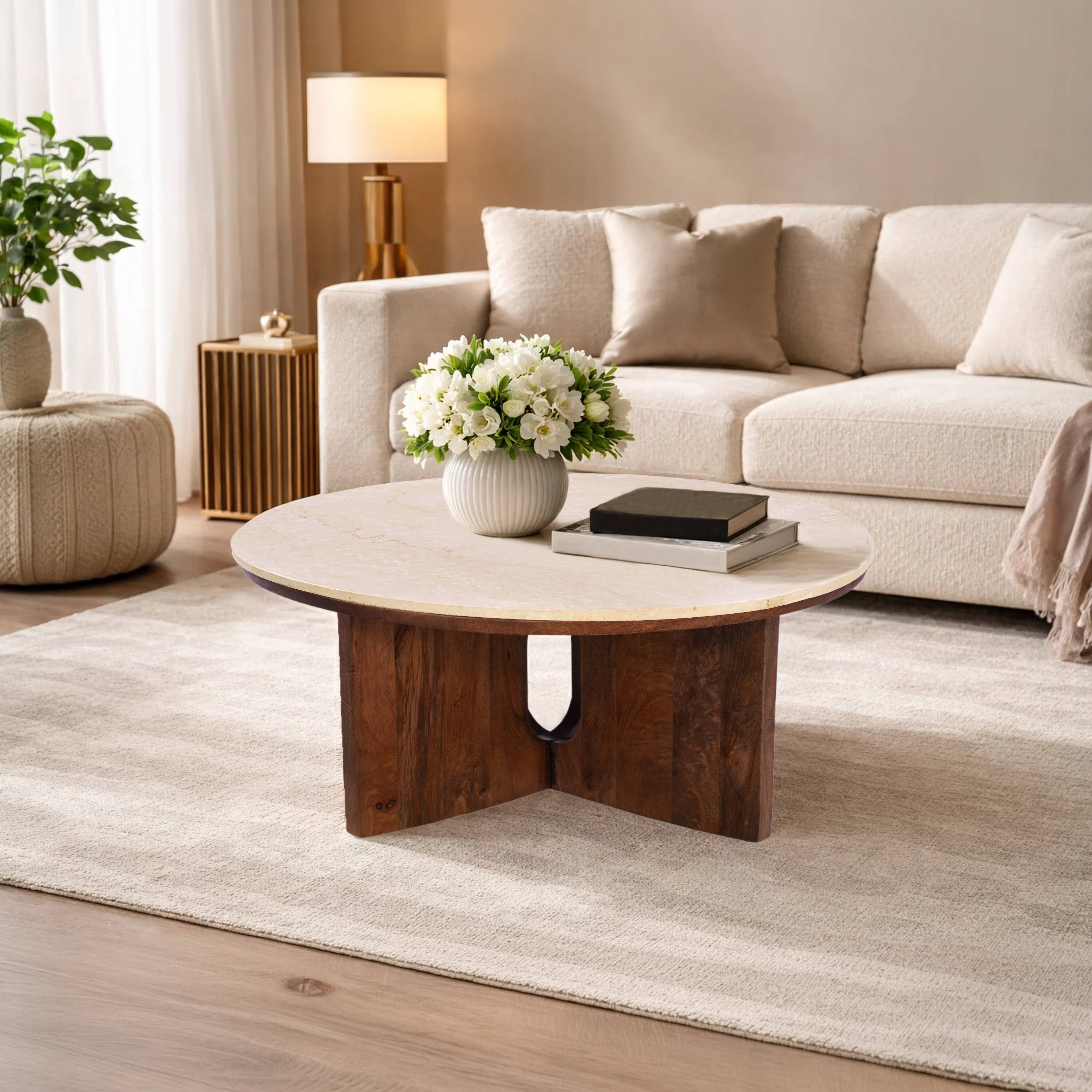Alt View 6. Manhattan Lane - Kara Coffee Table, 29 Inch Round Botticino Marble Top, Brown Mango Wood 3 Panel Tripod Base - Natural Brown, Beige.