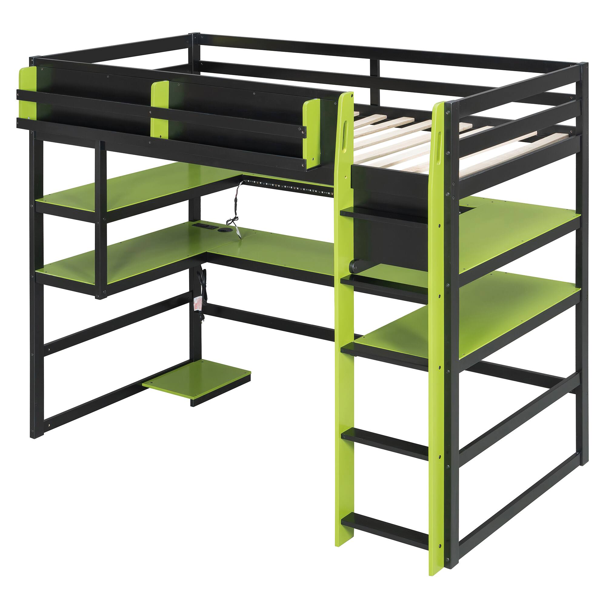 Back. Anysun - Twin Size Wood Loft Bed with Desk,Side storage rack,Multi-storage Shelves and RGB Light,Cloud - Green.