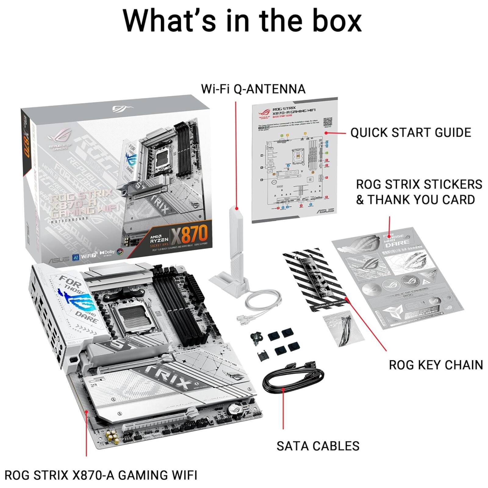 What's in the box

- Wi-Fi Q-ANTENNA
- QUICK START GUIDE
- ROG STRIX STICKERS & THANK YOU CARD
- ROG KEY CHAIN
- SATA CABLES
- ROG STRIX X870-A GAMING WIFI