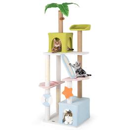 Costway - 71" Tall Cat Tree Multi-Level Aesthetic Beach-Themed Cat Tower w/ Jute Scratching Posts - Green,Blue,White