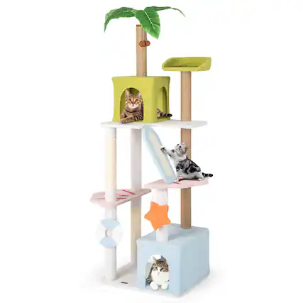 Front. Costway - Costway 71" Tall Cat Tree Multi-Level Aesthetic Beach-Themed Cat Tower w/ Jute Scratching Posts - Green,Blue,White.