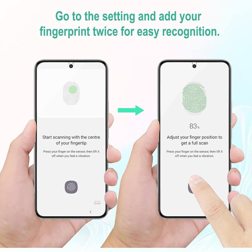 Go to the settings and add your fingerprint twice for easy recognition.

Start scanning with the centre of your fingertip  
Press your finger on the sensor, then lift it off when you feel a vibration.

Adjust your finger position to get a full scan  
Press your finger on the sensor, then lift it off when you feel a vibration.