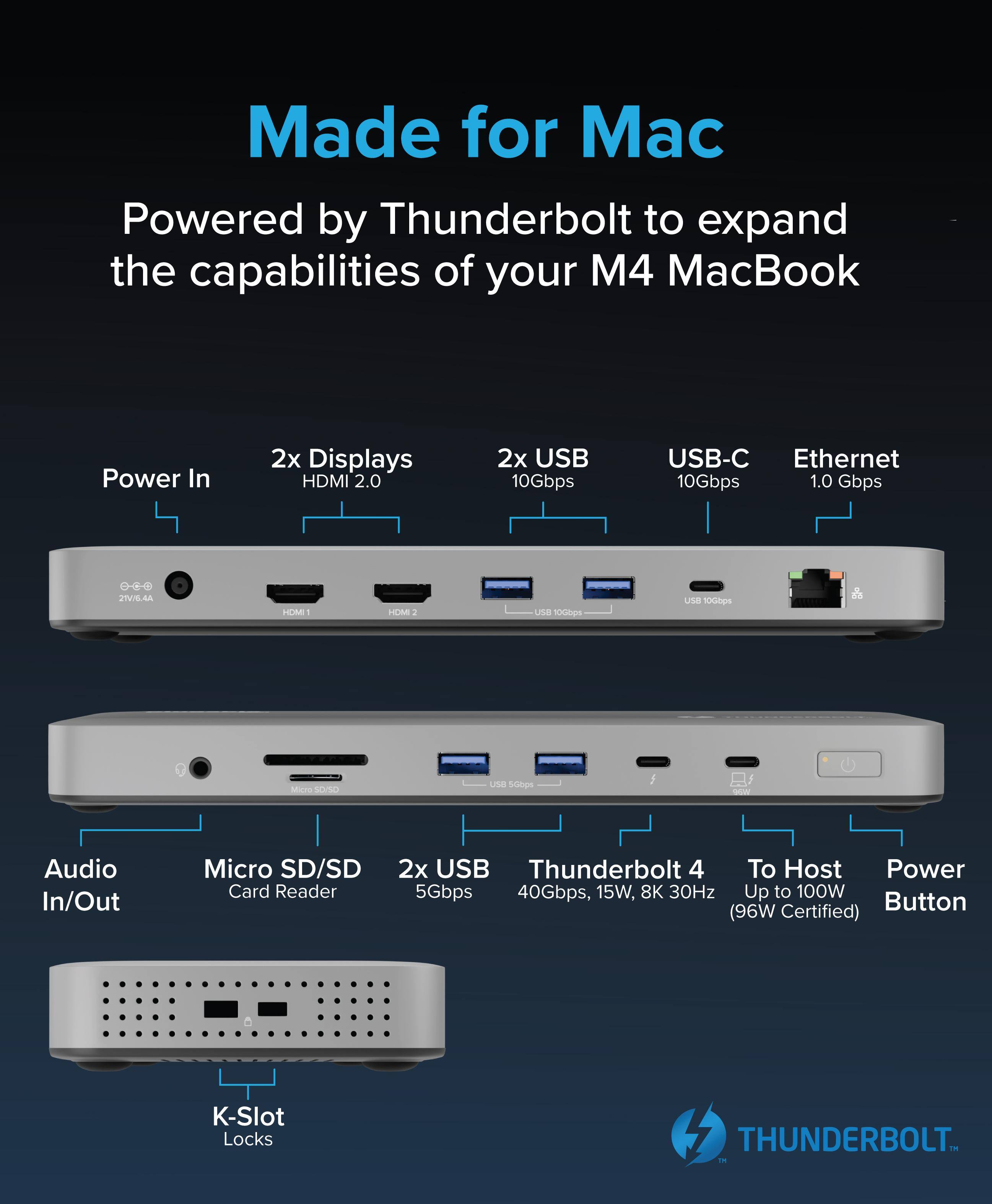 Made for Mac

Powered by Thunderbolt to expand the capabilities of your M4 MacBook

- Power In
- 2x Displays HDMI 2.0
- 2x USB 10Gbps
- USB-C 10Gbps
- Ethernet 1.0 Gbps
- Audio In/Out
- Micro SD/SD Card Reader
- 2x USB 5Gbps
- Thunderbolt 4 40Gbps, 15W, 8K 30Hz
- To Host Up to 100W (96W Certified)
- Power Button
- K-Slot Locks

THUNDERBOLT