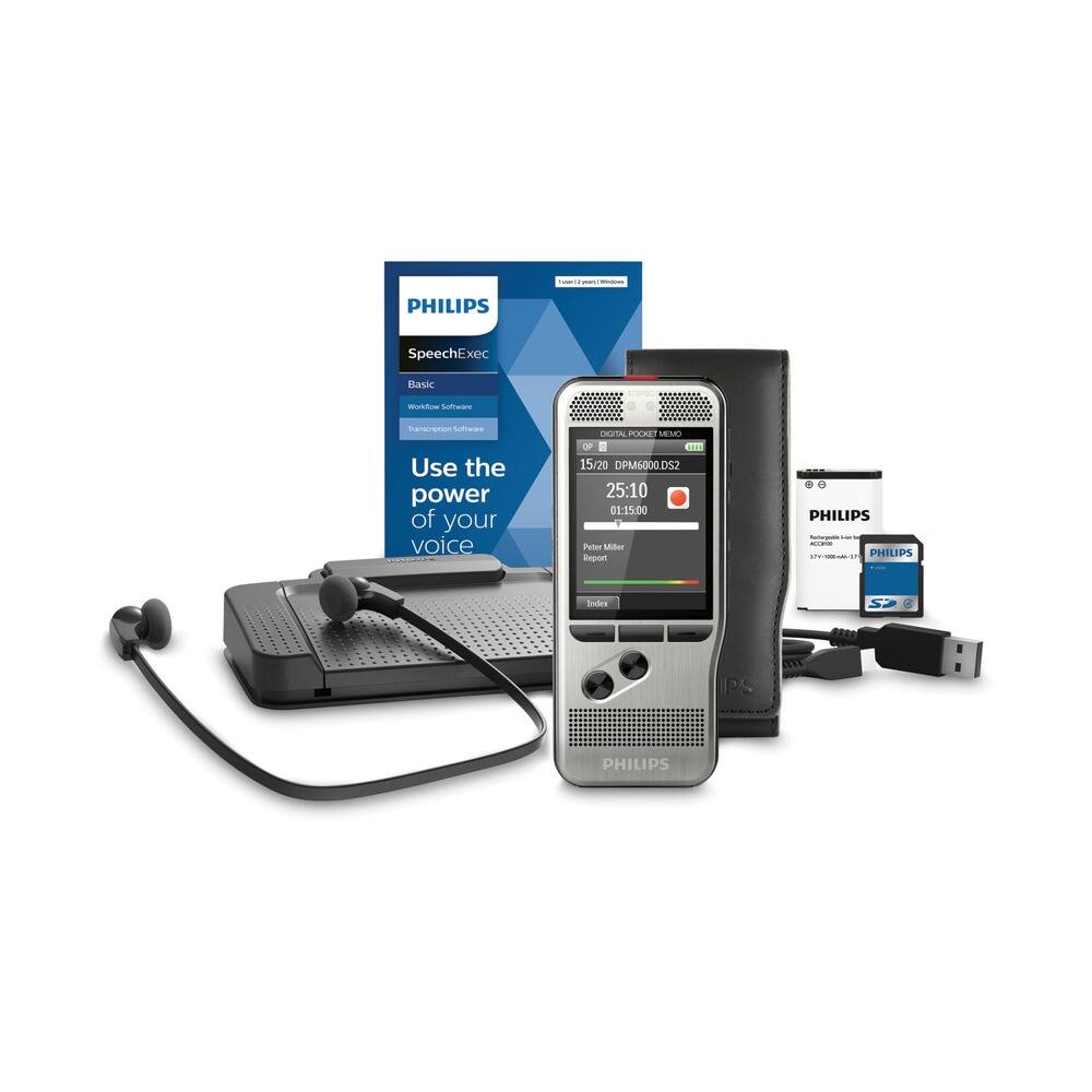 PHILIPS SpeechExec Basic  
Workflow Software  
Transcription Software  
Use the power of your voice  

PHILIPS Digital Pocket Memo  
15/20 DPM6000 DS2  
25:10  
01:15:00  

PHILIPS  
Report  
Index  

PHILIPS  
1.7V 100mAh Battery  

PHILIPS  
USB Cable