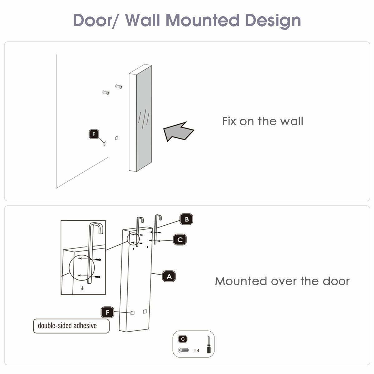 Door/ Wall Mounted Design

Fix on the wall

Mounted over the door

A: Container
B: Faucet
C: Water level indicator
D: Drain
E: Fixing point
F: Double-sided adhesive x4