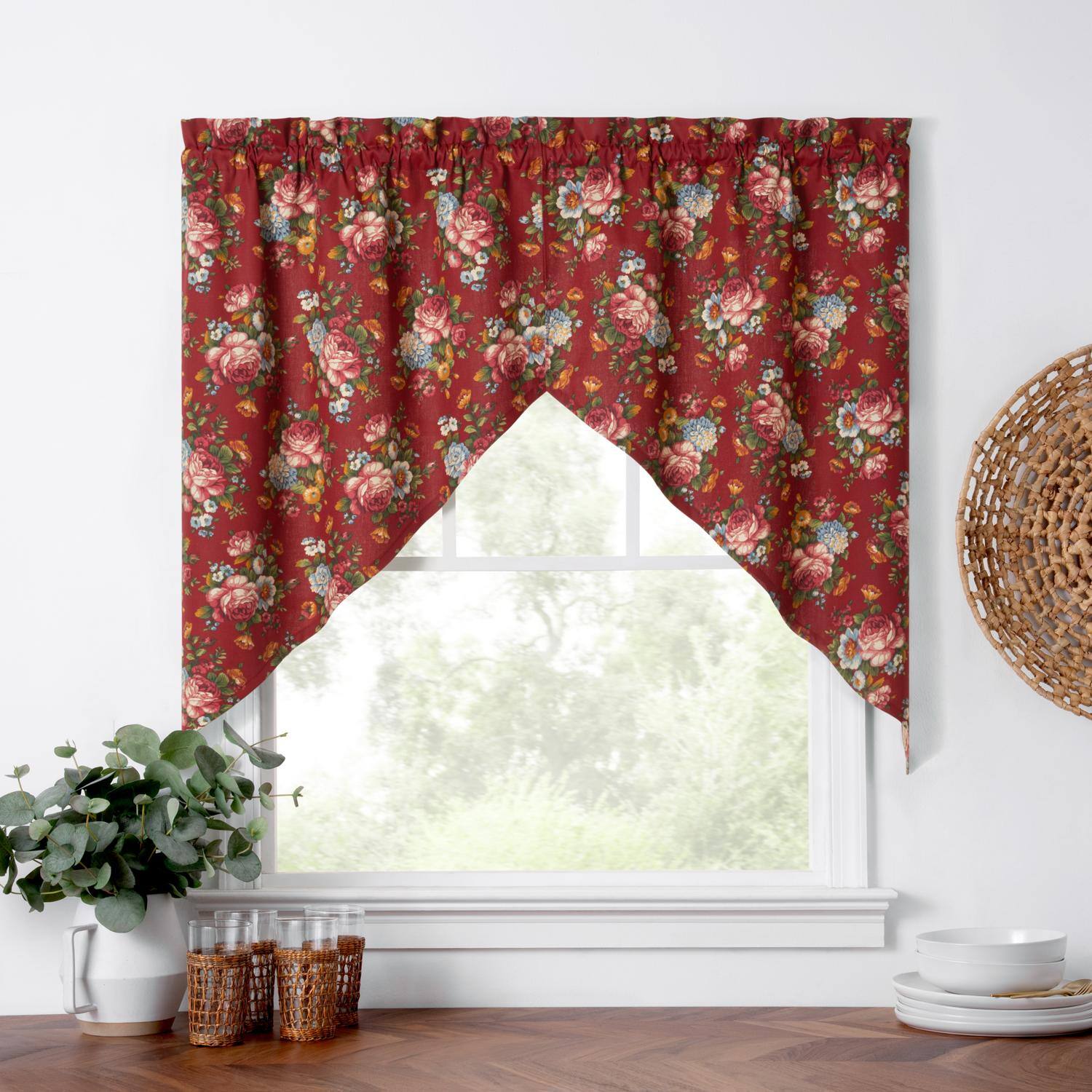 Angle. Ellis Curtain - Ellis Bella Rose Stylish Medium Scale Printed Floral Pattern 1.5" Rod Pocket Tailored Swag for Windows 56"x36" Red - Red.