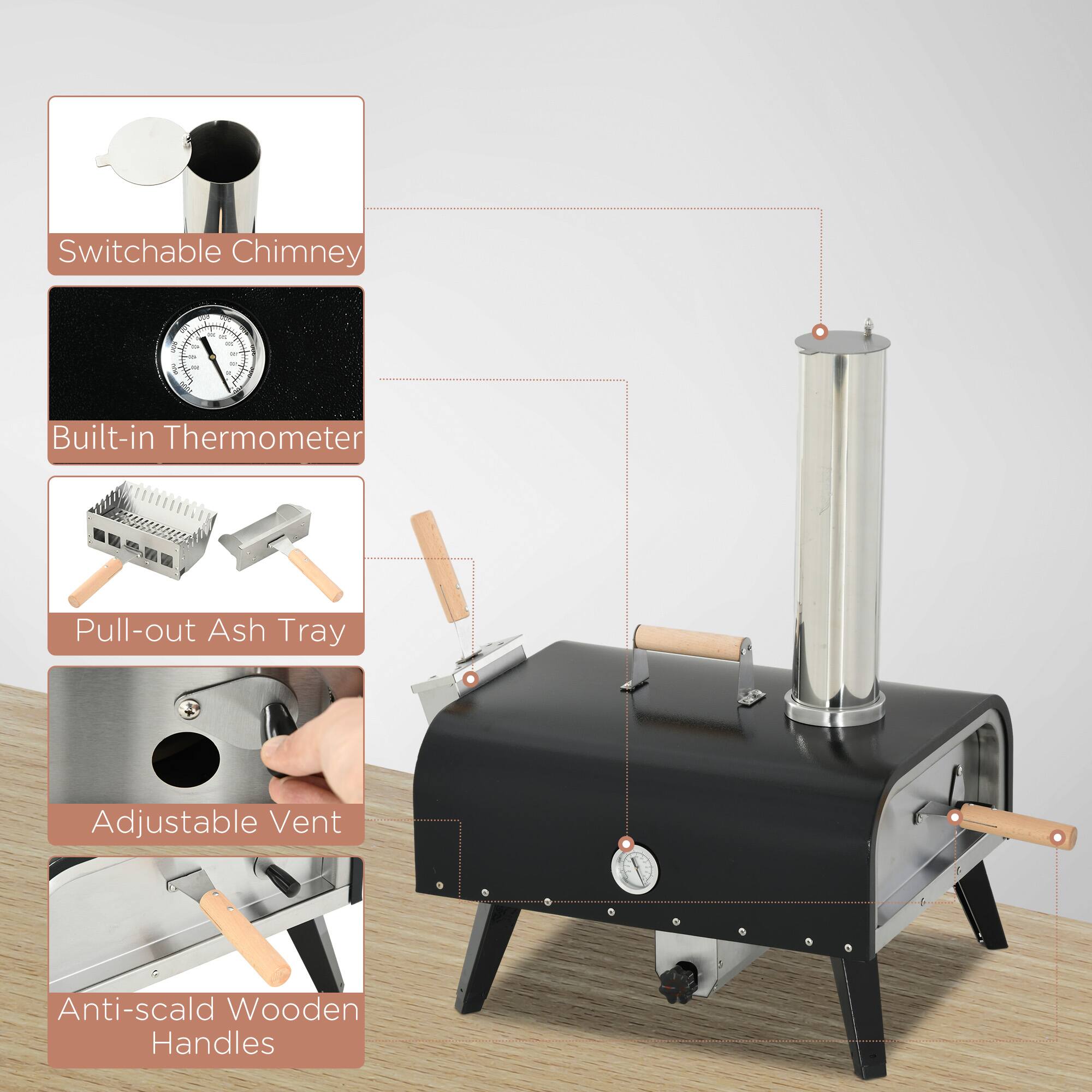 - Switchable Chimney
- Built-in Thermometer
- Pull-out Ash Tray
- Adjustable Vent
- Anti-scald Wooden Handles