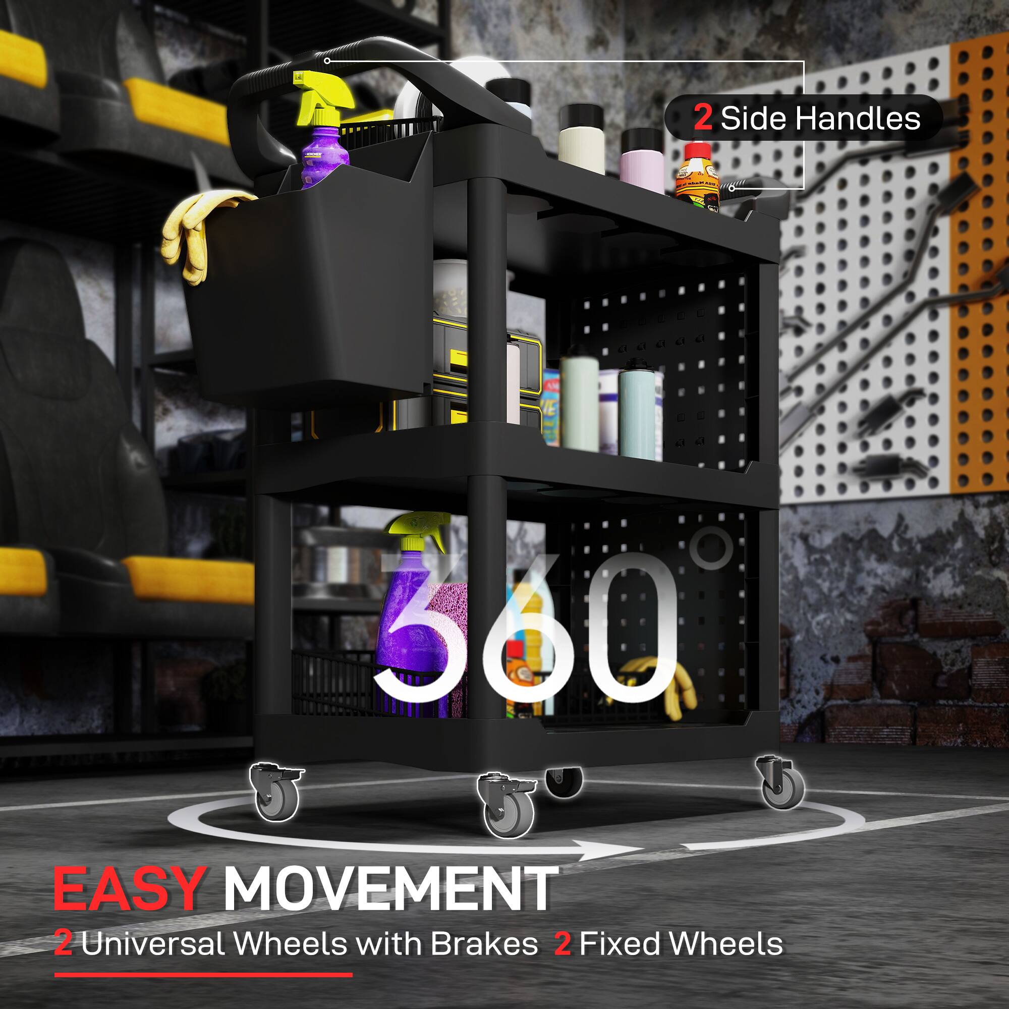 2 Side Handles - 380 EASY MOVEMENT 2 Universal Wheels with Brakes 2 Fixed Wheels