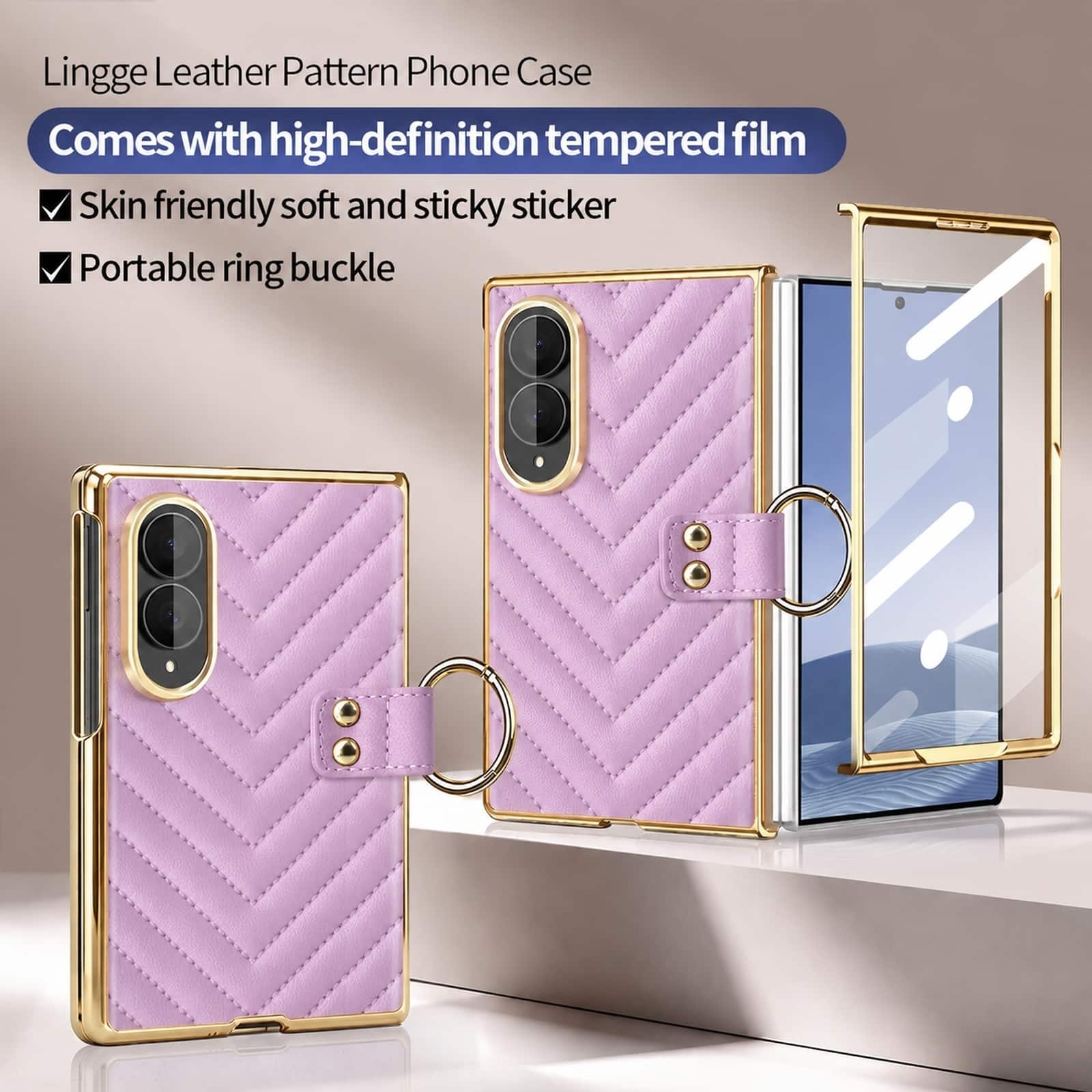 Dteck - Shockproof Leather Texture Case for Samsung Galaxy Z Fold8 with Ring, Hard PC Electroplated Cover Built in Glass Film - Purple price history on PriceWatchPro