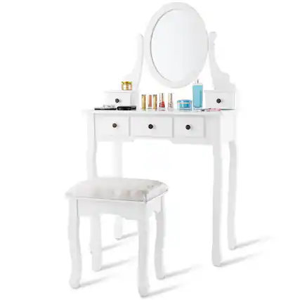 Front. Costway - Costway Makeup Desk Vanity Dressing Table Oval Stool 5 Storage Drawers - White.