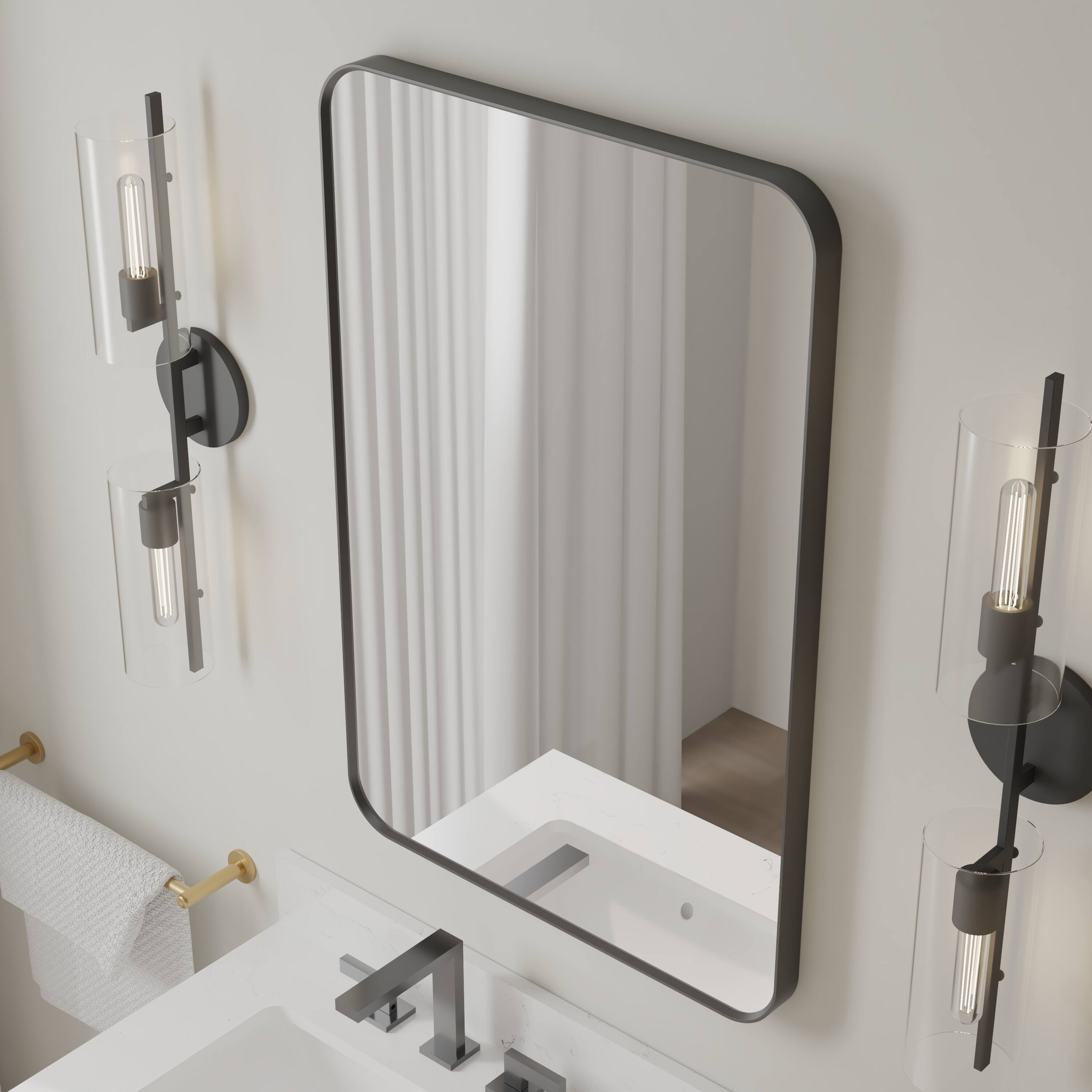 Back. WELLFOR - 24 in. W x 36 in. H Rectangular Aluminum Framed Wall-Mounted Bathroom Vanity Mirror - Matte Black.