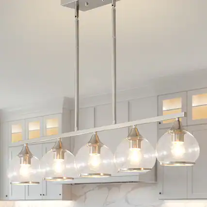 Front. RYHNUYNE - 5-Light Island Light for Kitchen,Brushed Nickel Dining Room Light Fixture,Modern Linear Chandelier Over Table for Dining - Brushed Nickel.