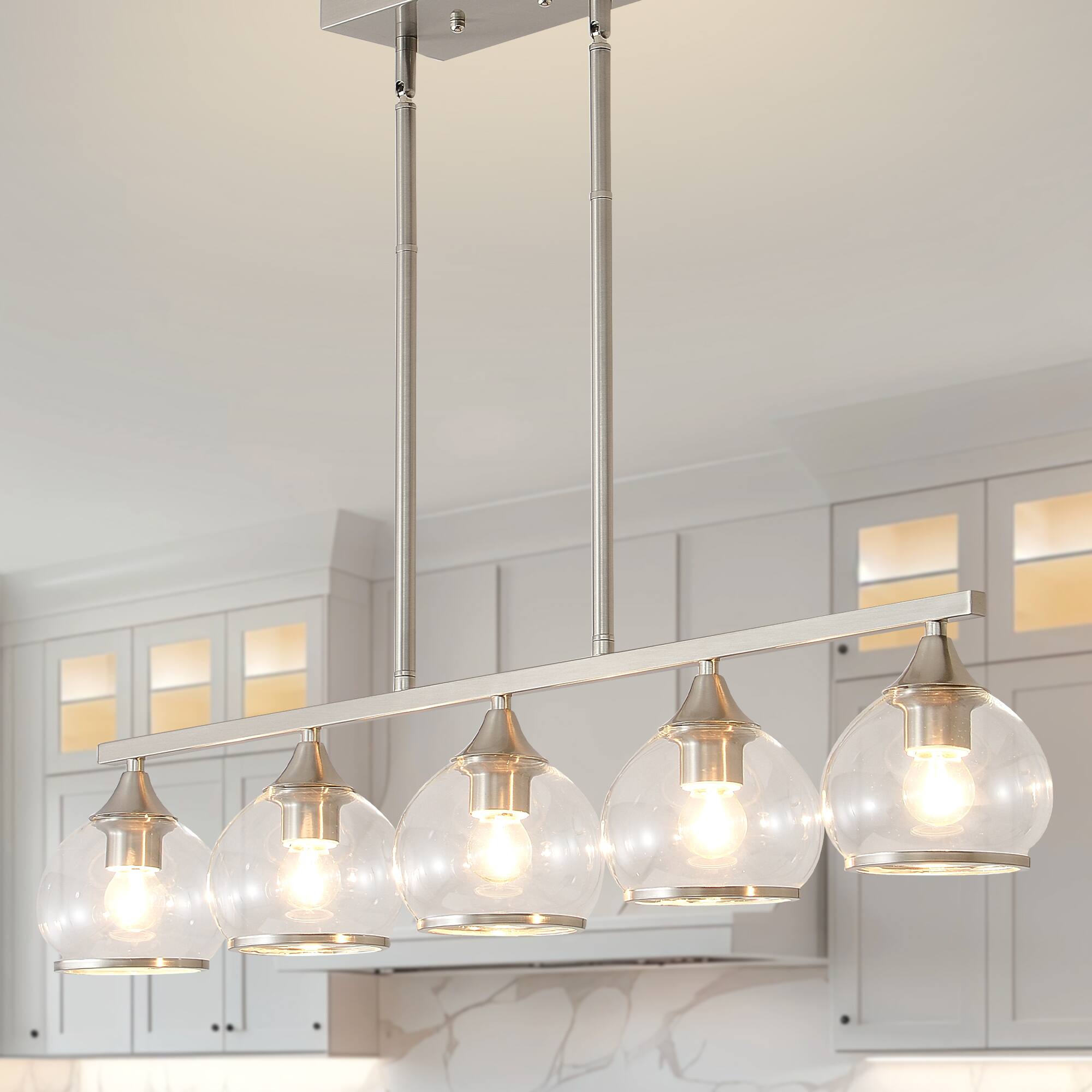 Front. RYHNUYNE - 5-Light Island Light for Kitchen,Brushed Nickel Dining Room Light Fixture,Modern Linear Chandelier Over Table for Dining - Brushed Nickel.