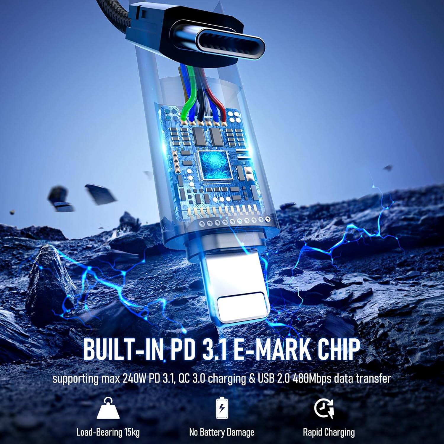 BUILT-IN PD 3.1 E-MARK CHIP  
supporting max 240W PD 3.1, QC 3.0 charging & USB 2.0 480Mbps data transfer  

Load-Bearing 15kg  
No Battery Damage  
Rapid Charging