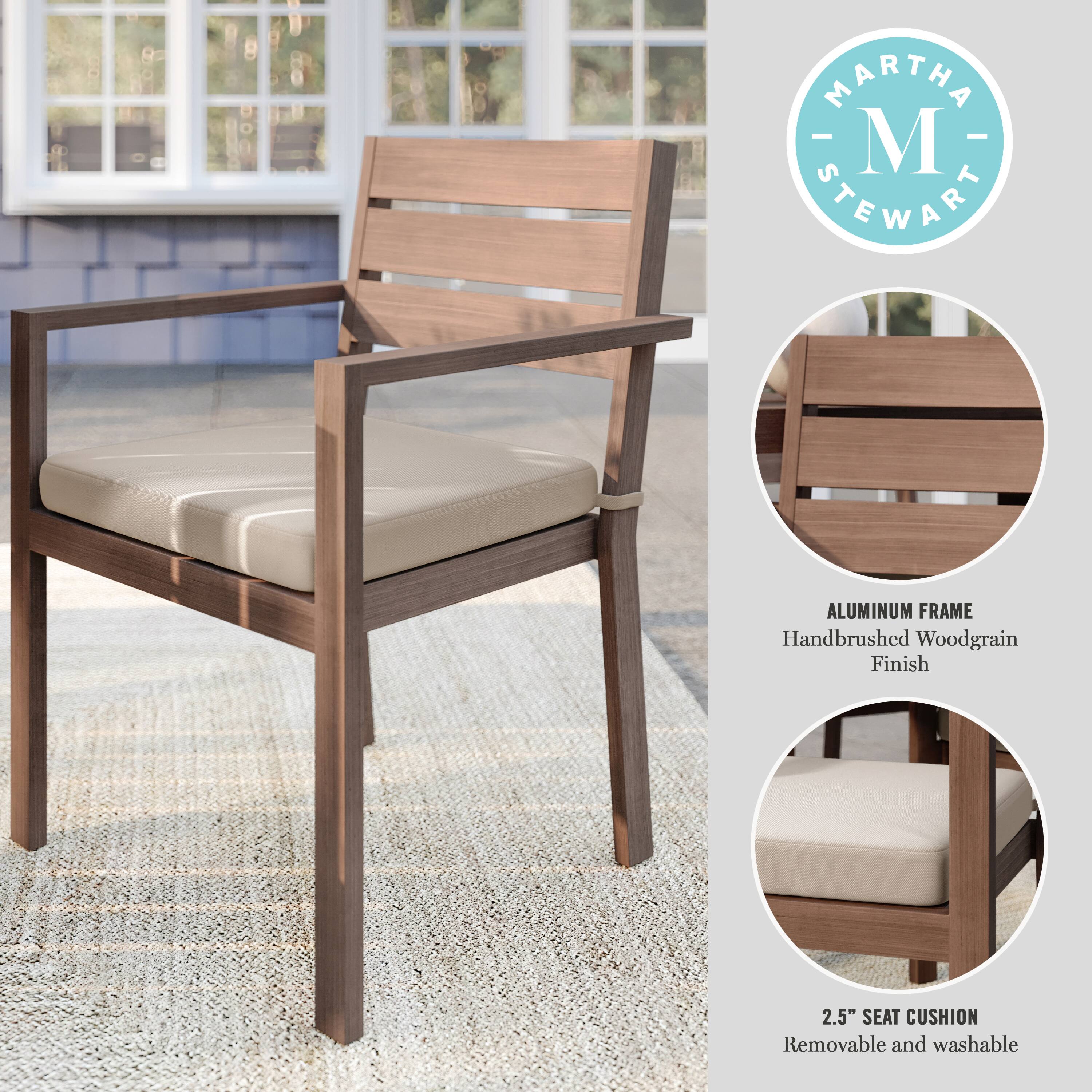 The text on the image reads: "Martha Stewart Aluminum Frame Handbrushed Woodgrain Finish 2.5" Seat Cushion Removable and washable."