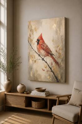 FC Design - Large Red Cardinal Branch Canvas Print 24x36"-Ready-to-Hang Vintage Woodland Bird Art Painting Home Wall Décor - MultiColor