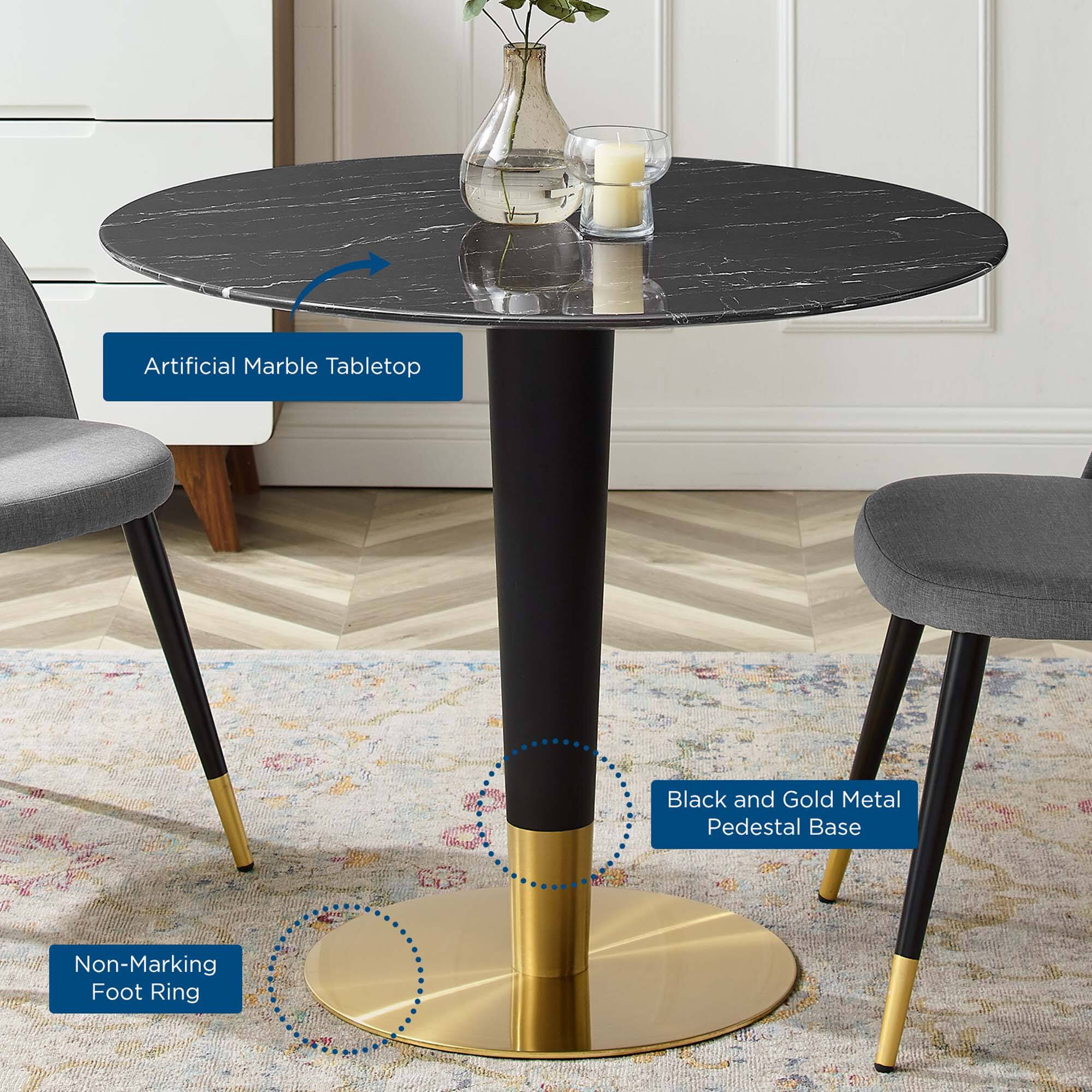Artificial Marble Tabletop

Black and Gold Metal Pedestal Base

Non-Marking Foot Ring