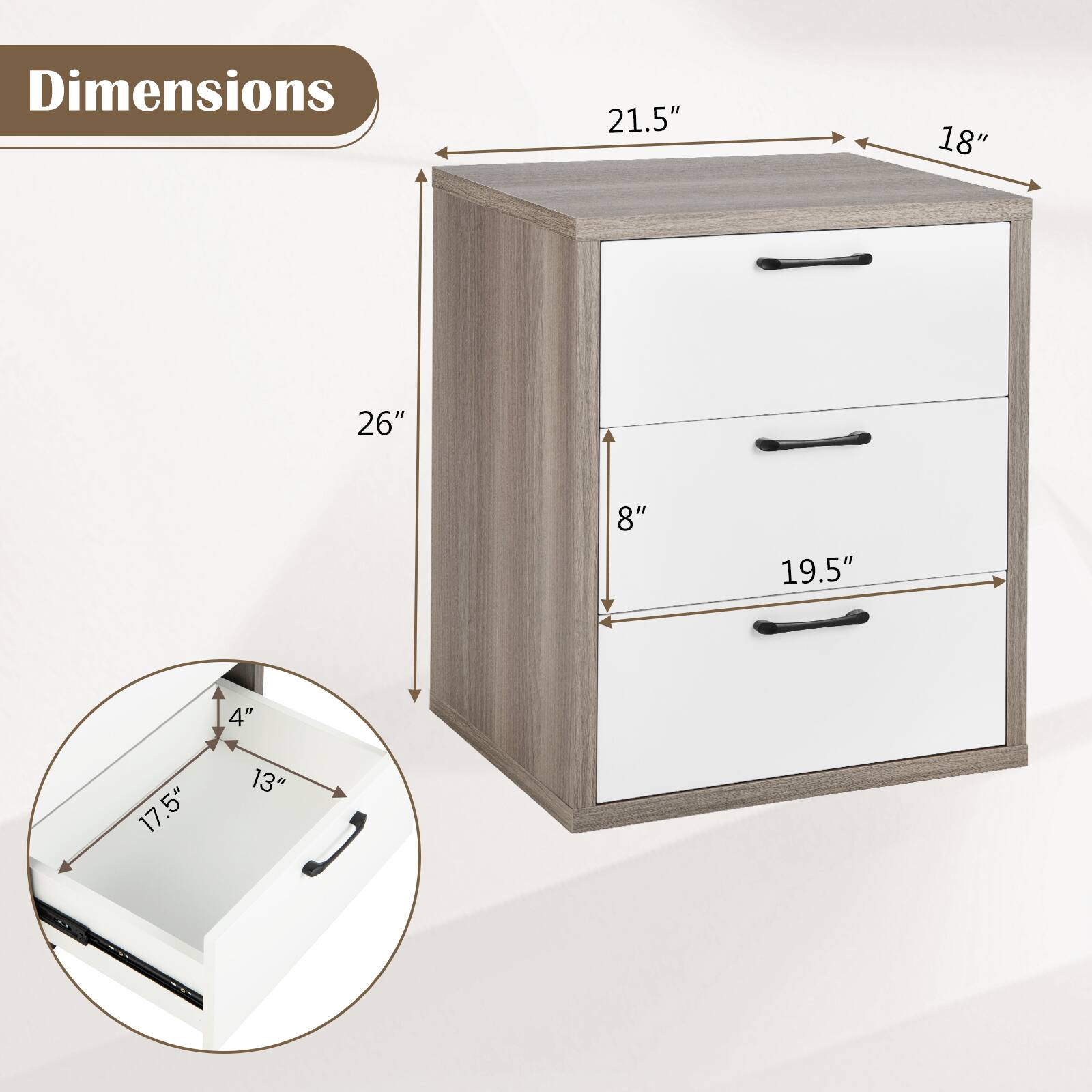 Dimensions: 26", 21.5", 18", 19.5", 8", 13", 4"