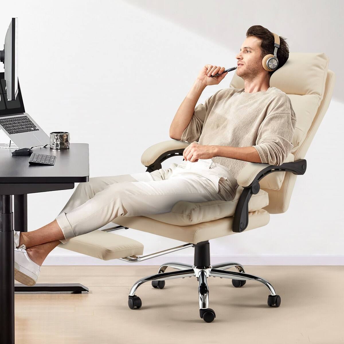 Alt View 5. U-HOMY - Ergonomic Reclining Massage Office Chair, 4-Point Vibrating Desk Chair with Footrest & Adjustable Armrests - Beige.