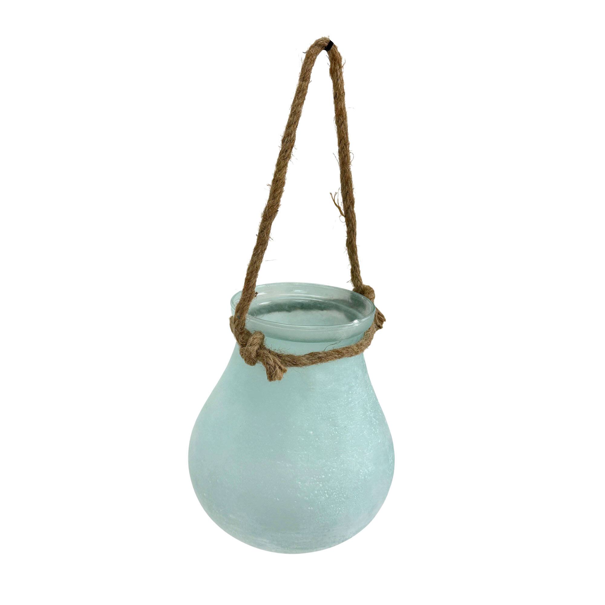 Alt View 1. India House Brass - India House Frosted Blue Glass Hanging Candle Lantern with Rope Handle, 15 In - Blue.