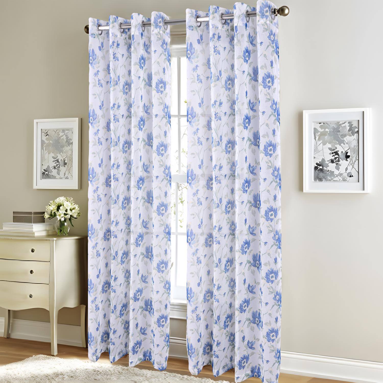 Angle. RT Designers Collection - RT Designers Collection Meadow Grommet Metallic Sheer Printed Doily Curtain Panel 54" x 95" Blue - Blue.