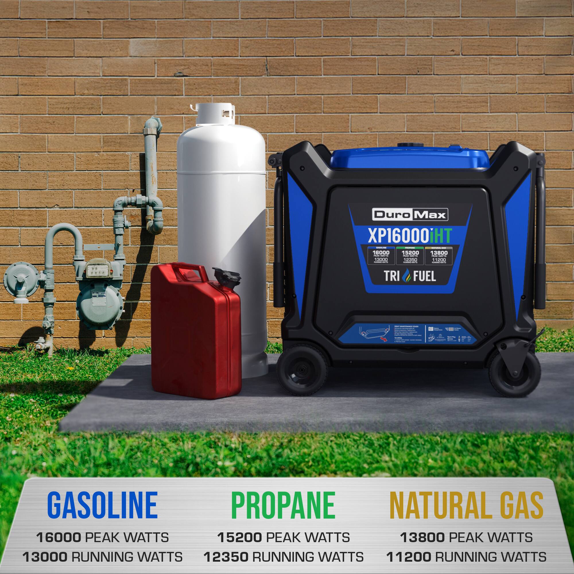Duro Max XP16000iHT | 18000 15200 12000 ad0d 12300 adial I - TRI FUEL I | I : - GASOLINE PROPANE NATURAL GAS 16000 PEAK WATTS 15200 PEAK WATTS 13800 PEAK WATTS 13000 RUNNING WATTS 12350 RUNNING WATTS 11200 RUNNING WATTS