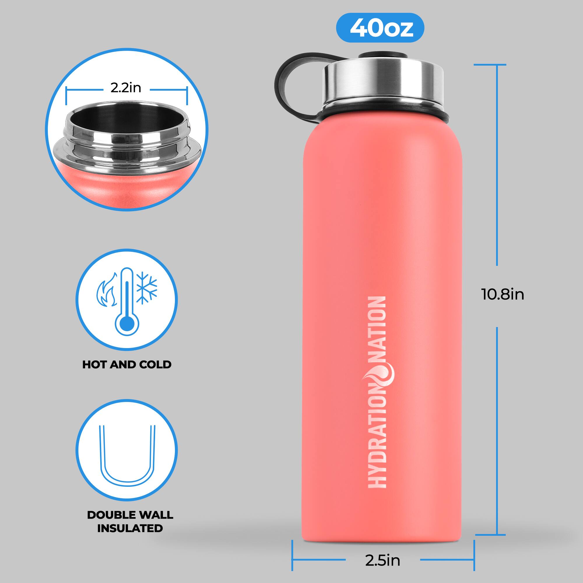 40oz 2.2in HOT AND COLD DOUBLE WALL INSULATED HYDRATION NATION 10.8in 2.5in