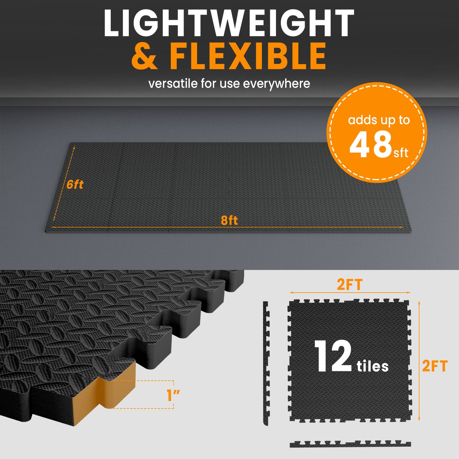 LIGHTWEIGHT & FLEXIBLE  
versatile for use everywhere  
adds up to 48 sft  
6ft 8ft  
2FT 1"  
12 tiles 2FT