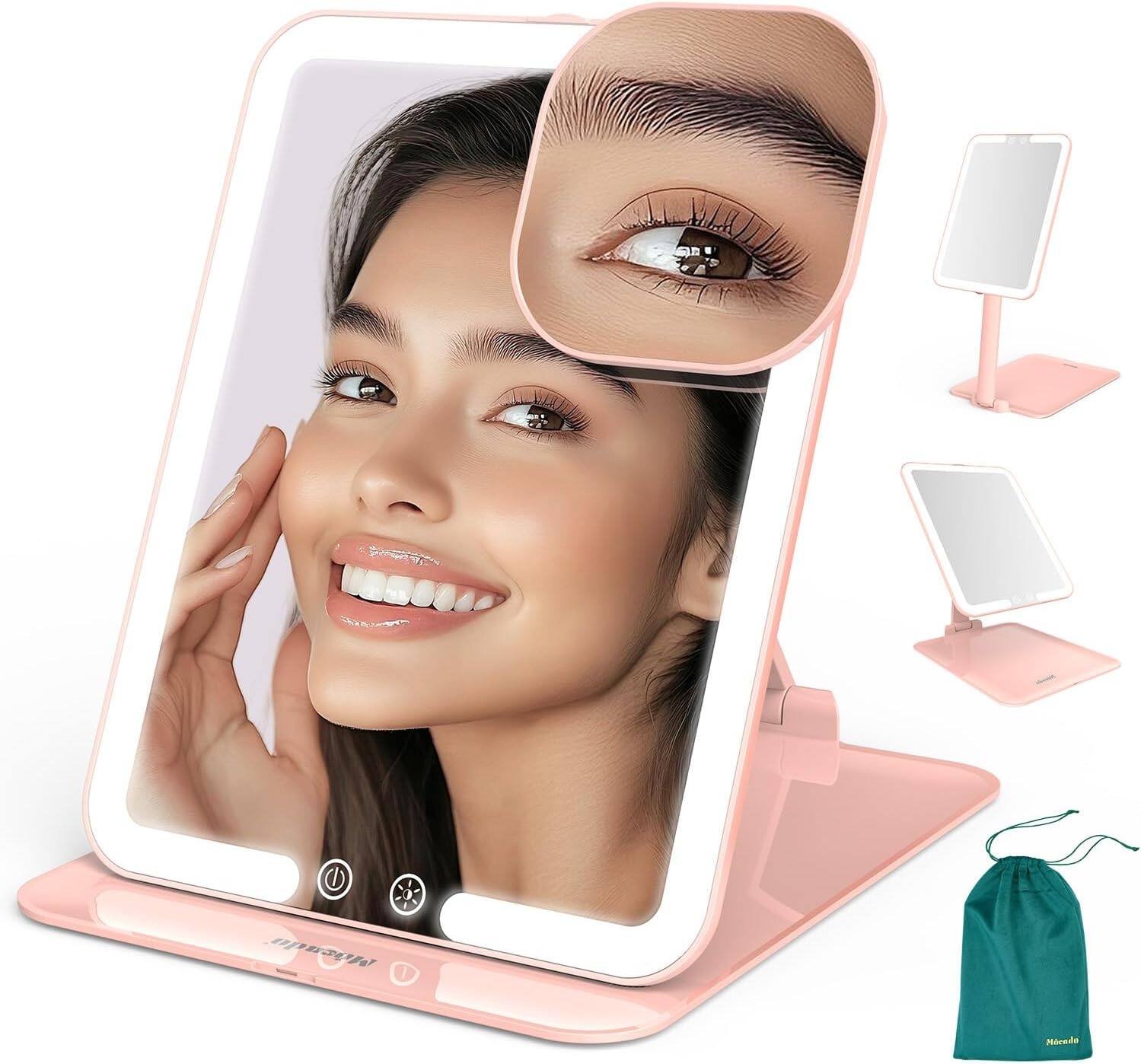 Stamp n Camp - Mocado Travel Makeup Mirror with Light, Tripple Folding Vanity Lights, 3 Colors Lighted Mirror, 1500mAh Rechargeable - Pink-7.5"L x 5"W