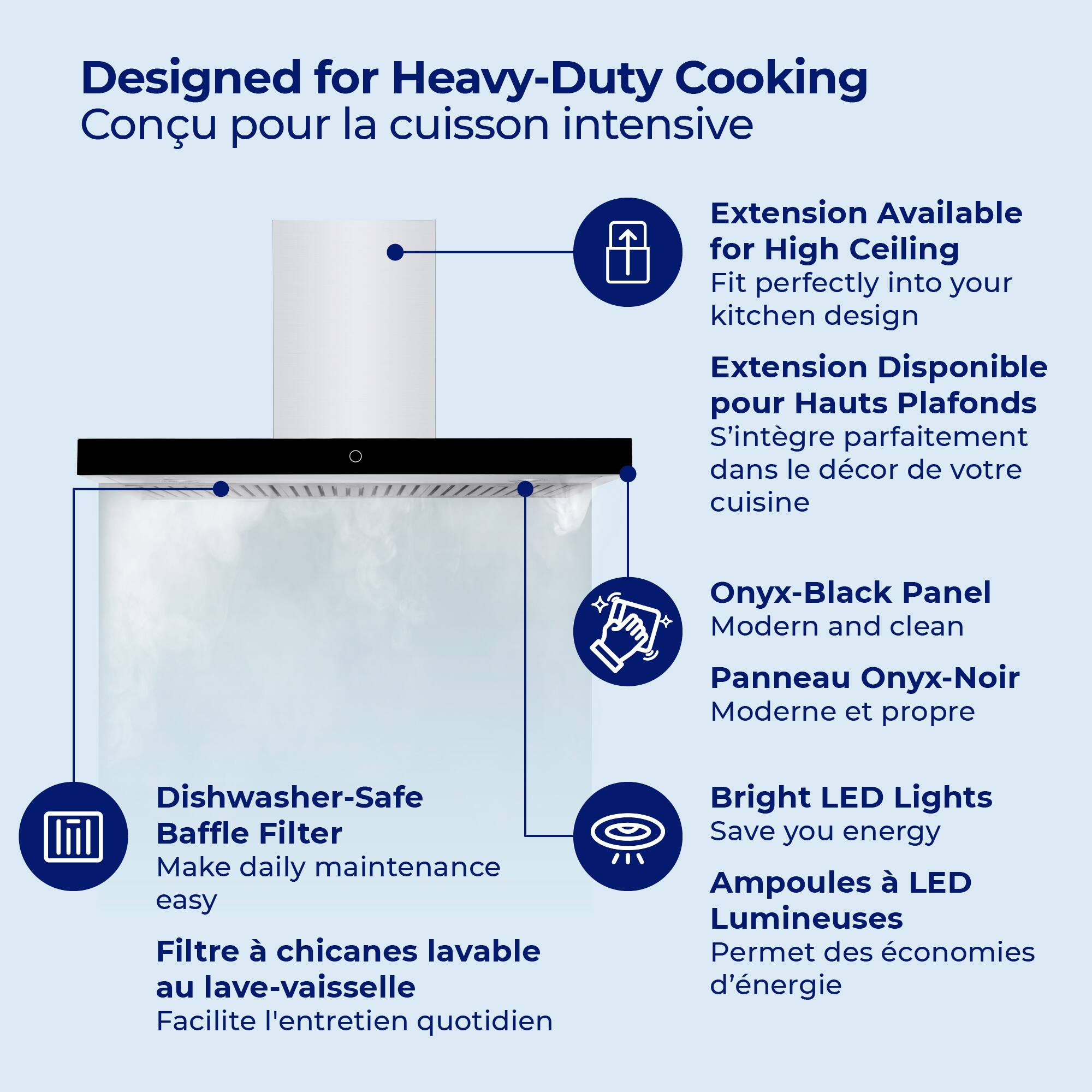Designed for Heavy-Duty Cooking  
Conçu pour la cuisson intensive  

Extension Available for High Ceiling  
Fit perfectly into your kitchen design  
Extension Disponible pour Hauts Plafonds  
S'intègre parfaitement dans le décor de votre cuisine  

Onyx-Black Panel  
Modern and clean  
Panneau Onyx-Noir  
Moderne et propre  

Dishwasher-Safe Baffle Filter  
Make daily maintenance easy  
Filtre à chicanes lavable au lave-vaisselle  
Facilite l'entretien quotidien  

Bright LED Lights  
Save you energy  
Ampoules à LED Lumières  
Permet des économies d'énergie