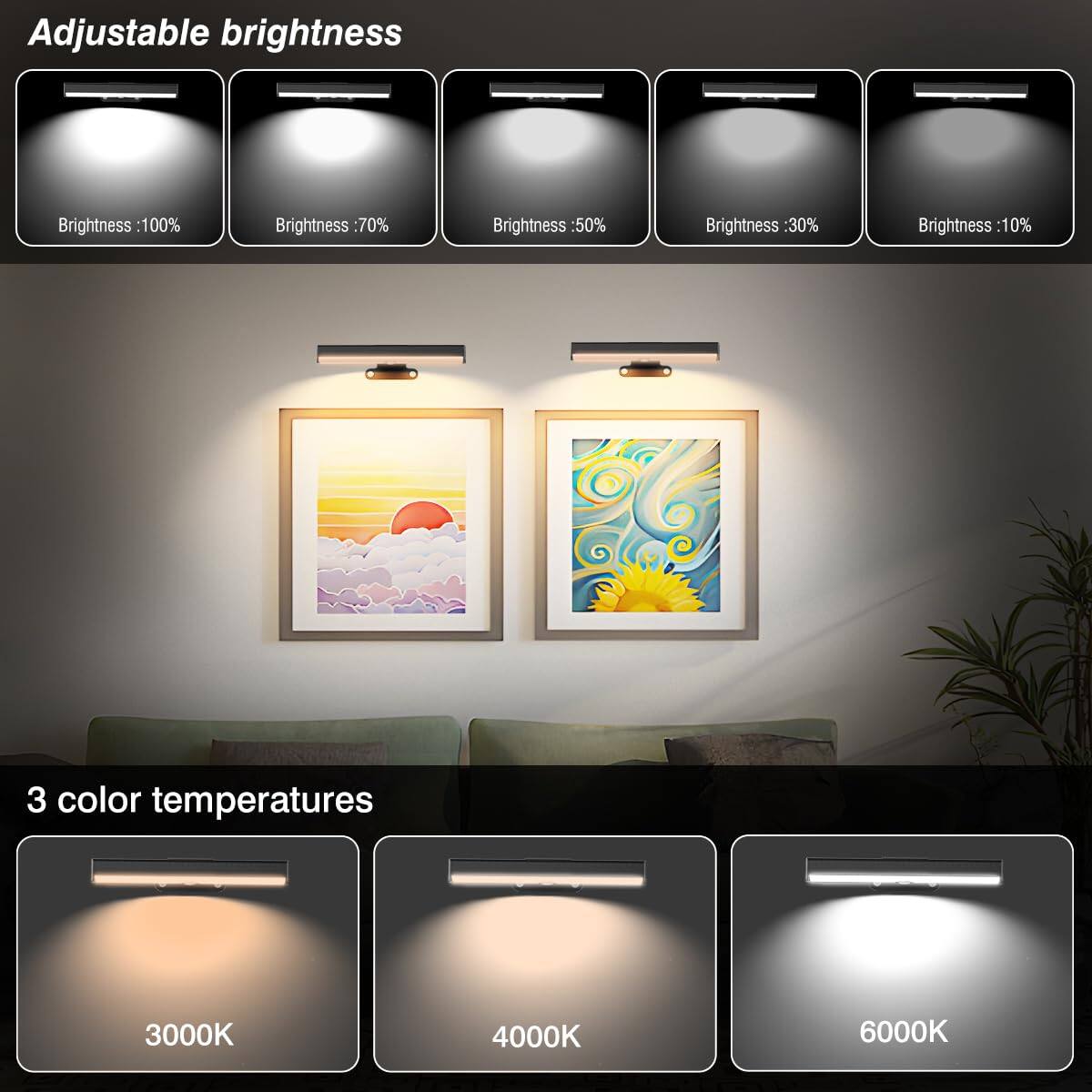 Adjustable brightness  
Brightness: 100%  
Brightness: 70%  
Brightness: 50%  
Brightness: 30%  
Brightness: 10%  

3 color temperatures  
3000K  
4000K  
6000K