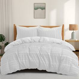 Peace Nest - Microfiber Tufted Clipped Duvet Cover Set with Stripe Pattern - Cross White