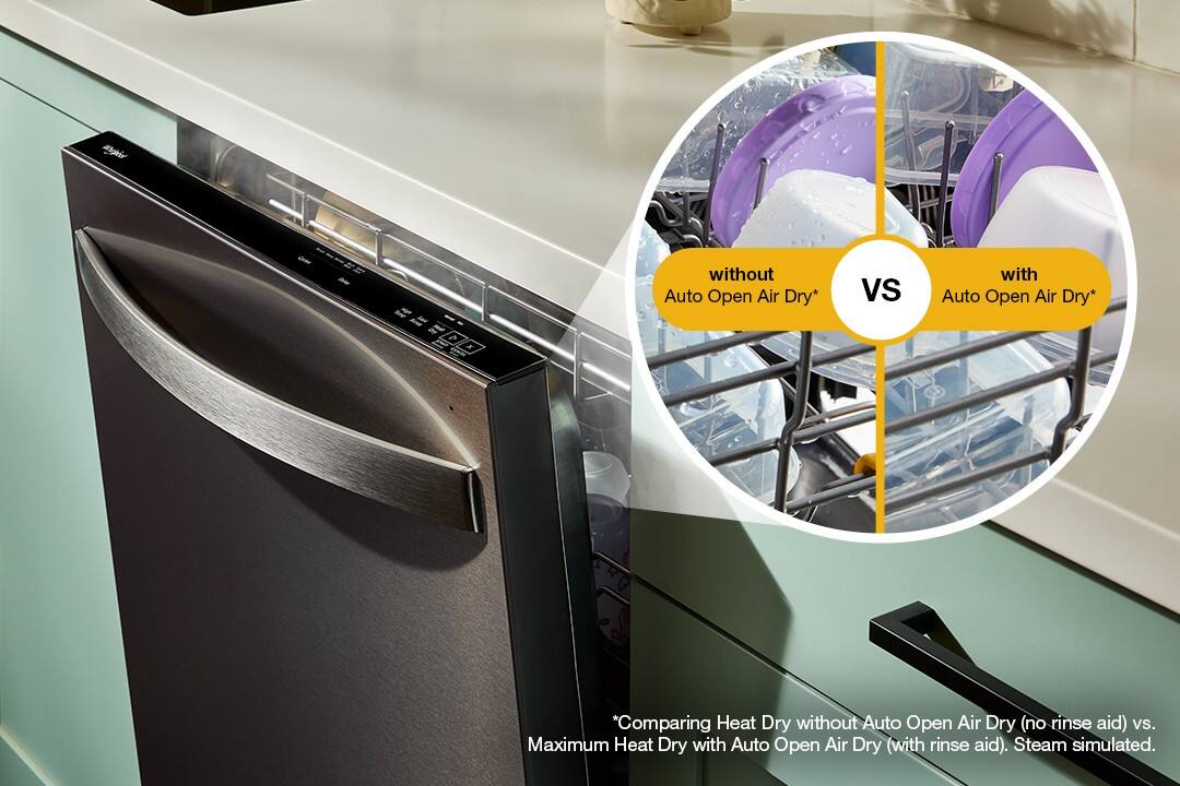 Comparing Heat Dry without Auto Open Air Dry (no rinse aid) vs. Maximum Heat Dry with Auto Open Air Dry (with rinse aid). Steam simulated.

without Auto Open Air Dry* vs with Auto Open Air Dry*