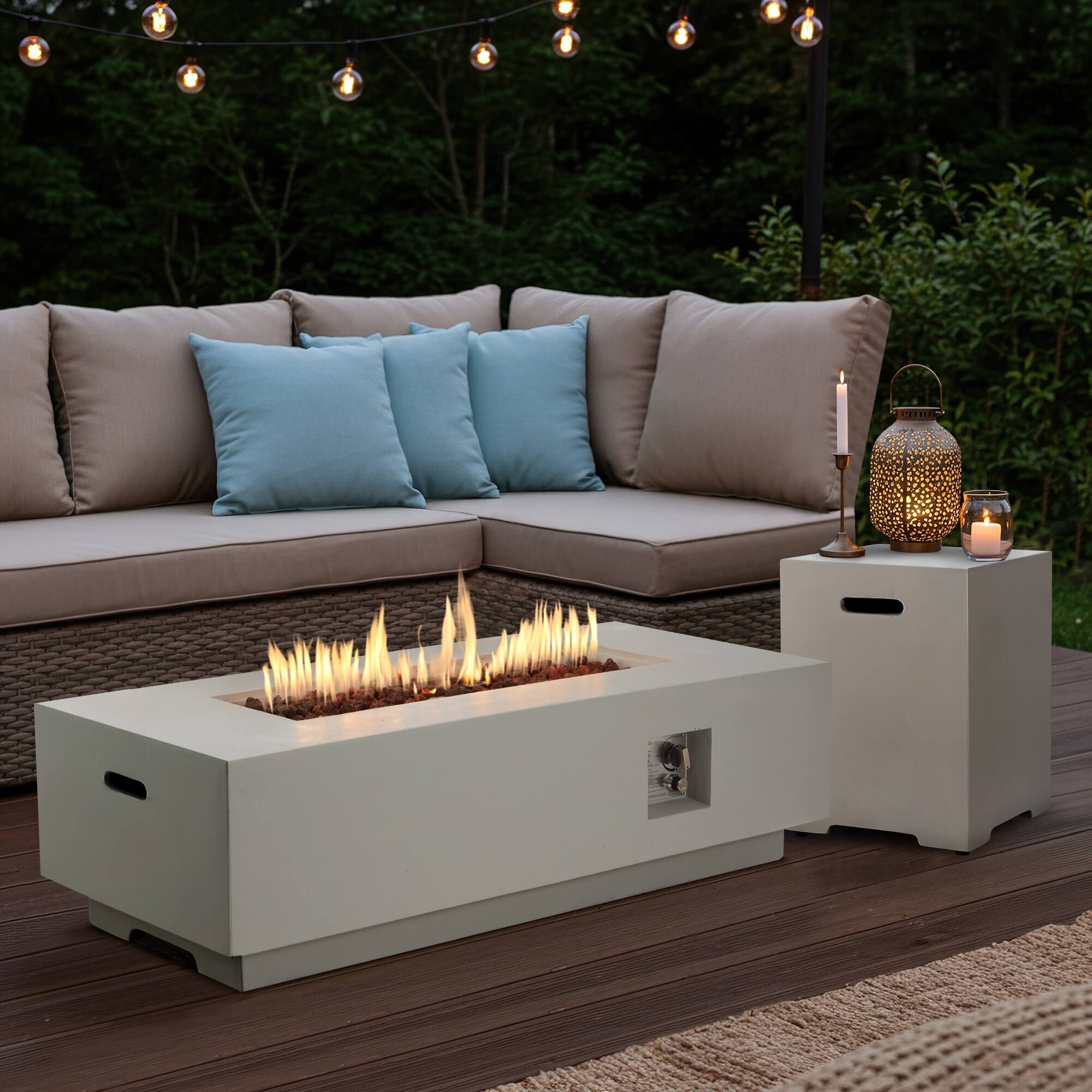 Angle. U-HOMY - Rectangle Propane Fire Pit Table – Outdoor Heater for Patio, Backyard & Deck - White.