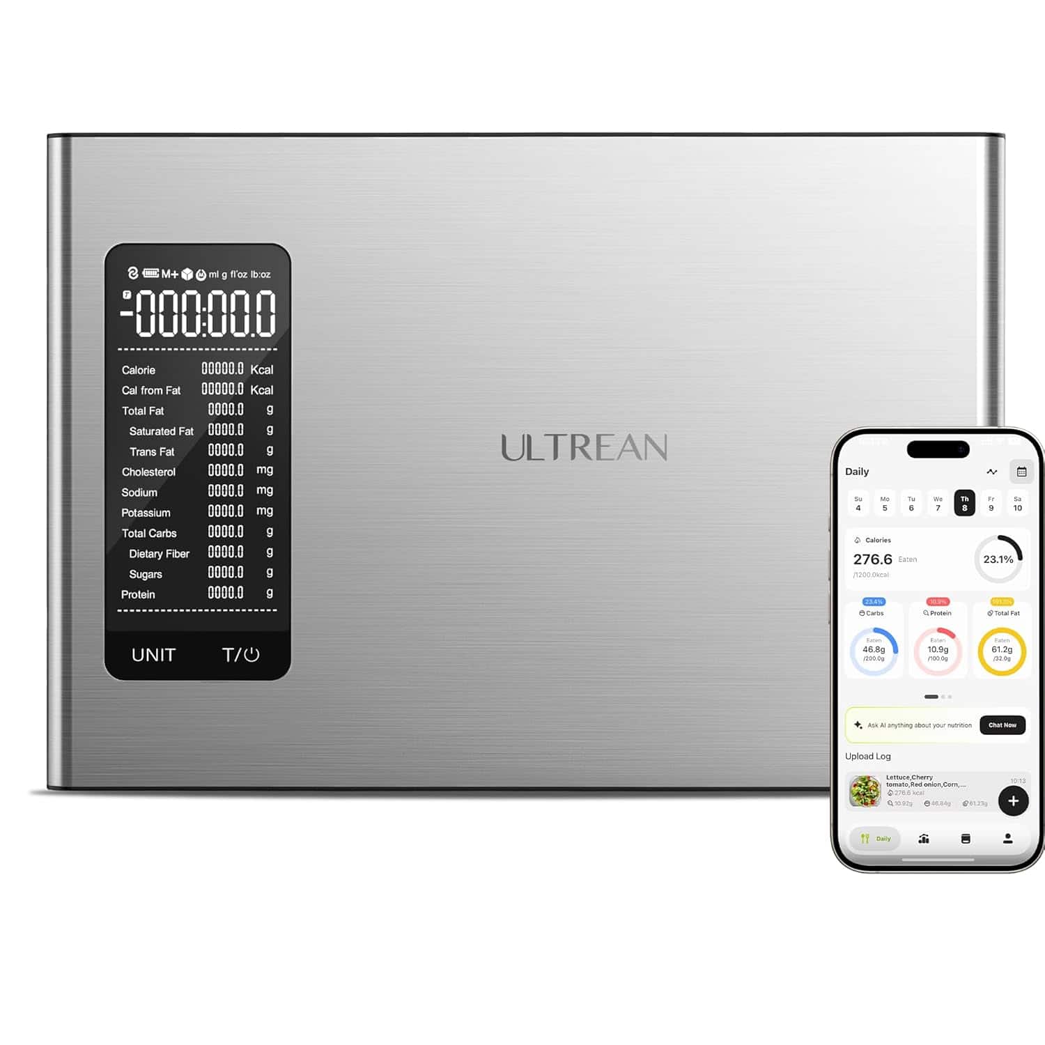 Ultrean - Smart Kitchen Scale - Nutritional Calculator, App Calorie Tracker, AI Analysis, Stainless Steel, 22lb Capacity - Silver