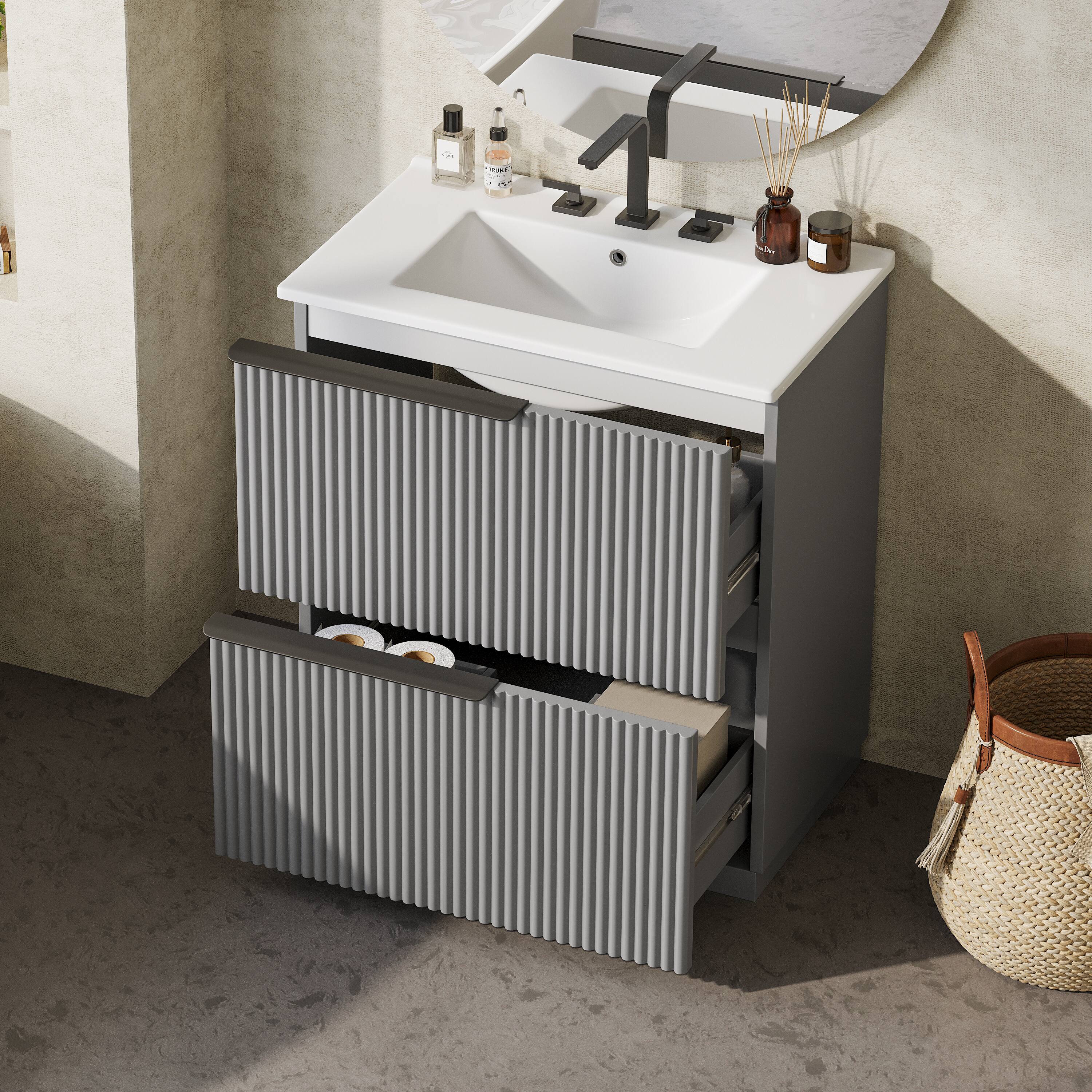 Alt View 1. Loheer - 2.5 ft Bathroom Vanity with Ceramic Sink, Soft-Close Full-Extension Drawers - Gray.