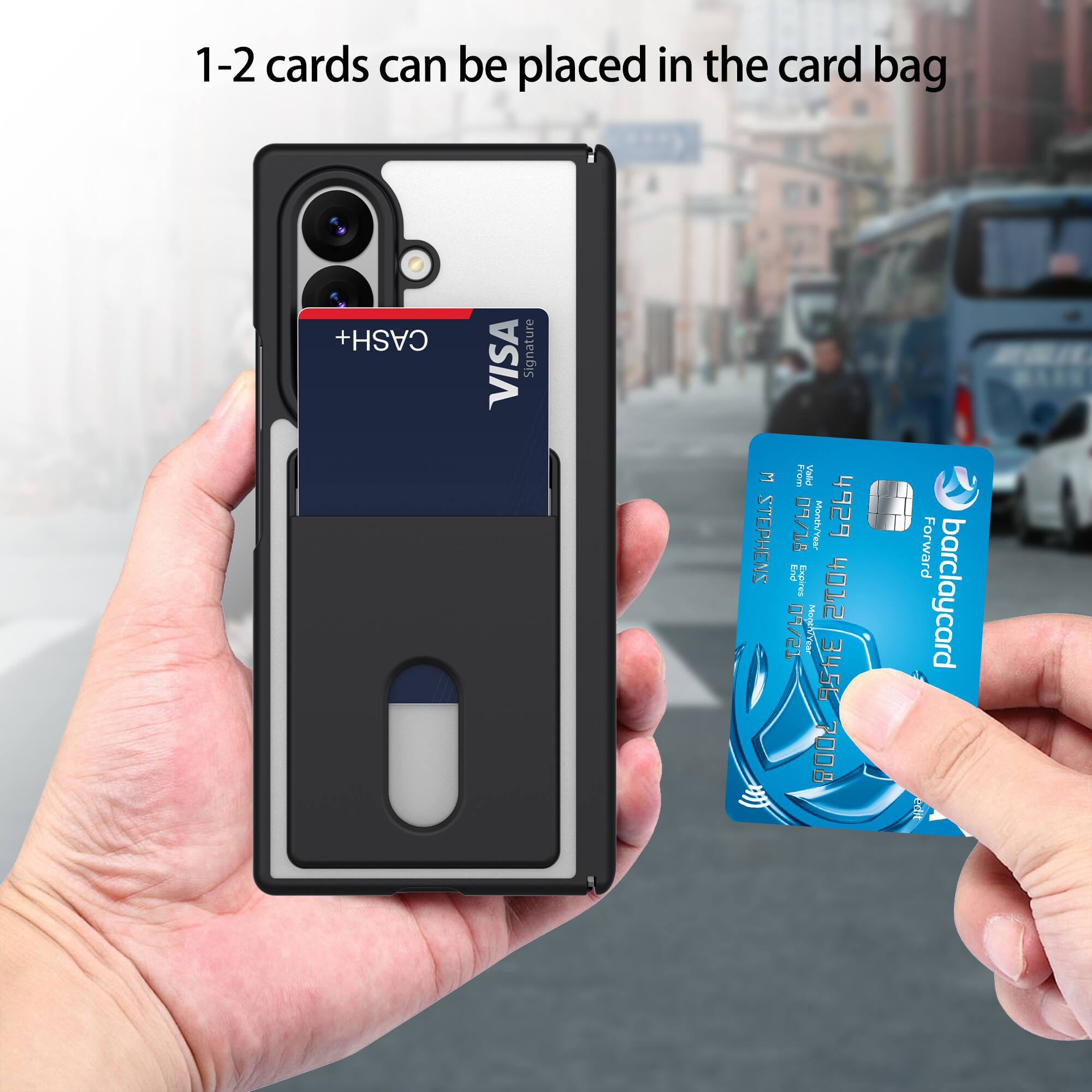 1-2 cards can be placed in the card bag

CASH+
VISA
Signature

W STEPHENS
From Valid 09/18 Month/Year 4929 End Expires 4012 09/21 Month/Year 3456 7008

Forward barclaycard edit
