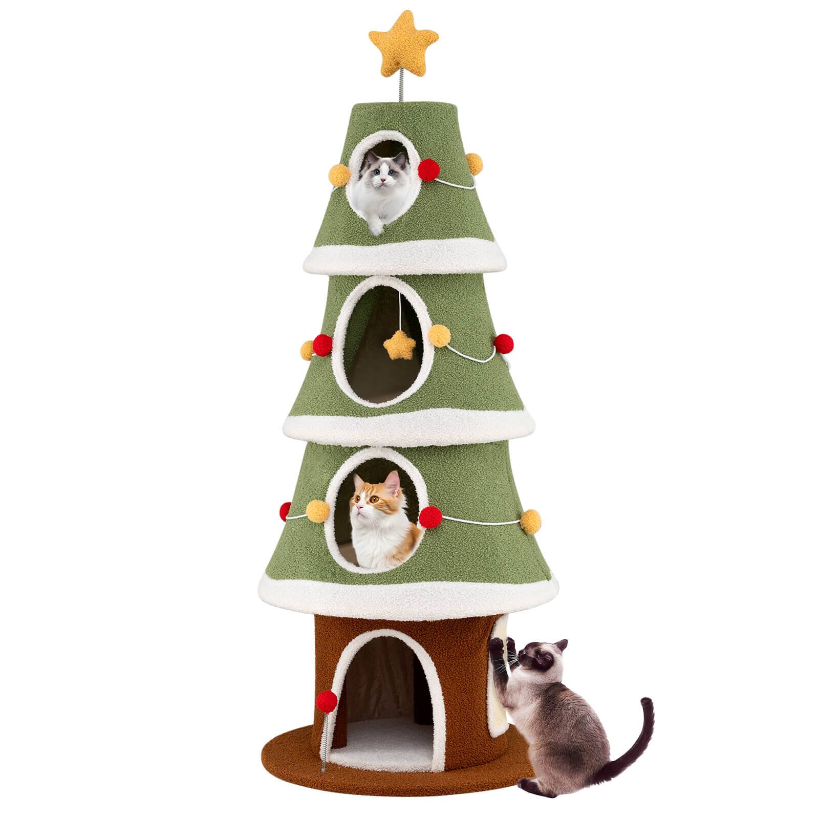 Alt View 9. Costway - Costway 61"Large Christmas Cat Tree with 4 Condos, Sisal Carpet, Dangling Ball, Spring Toy - Green + White + Brown.